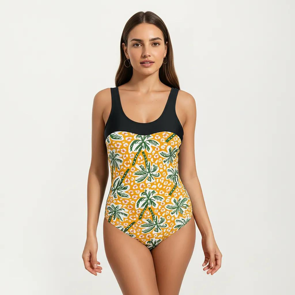 Anna-Kaci Women's Palm Tree Print One Piece Swimsuit with Scoop Neck and Contrast Upper Panel