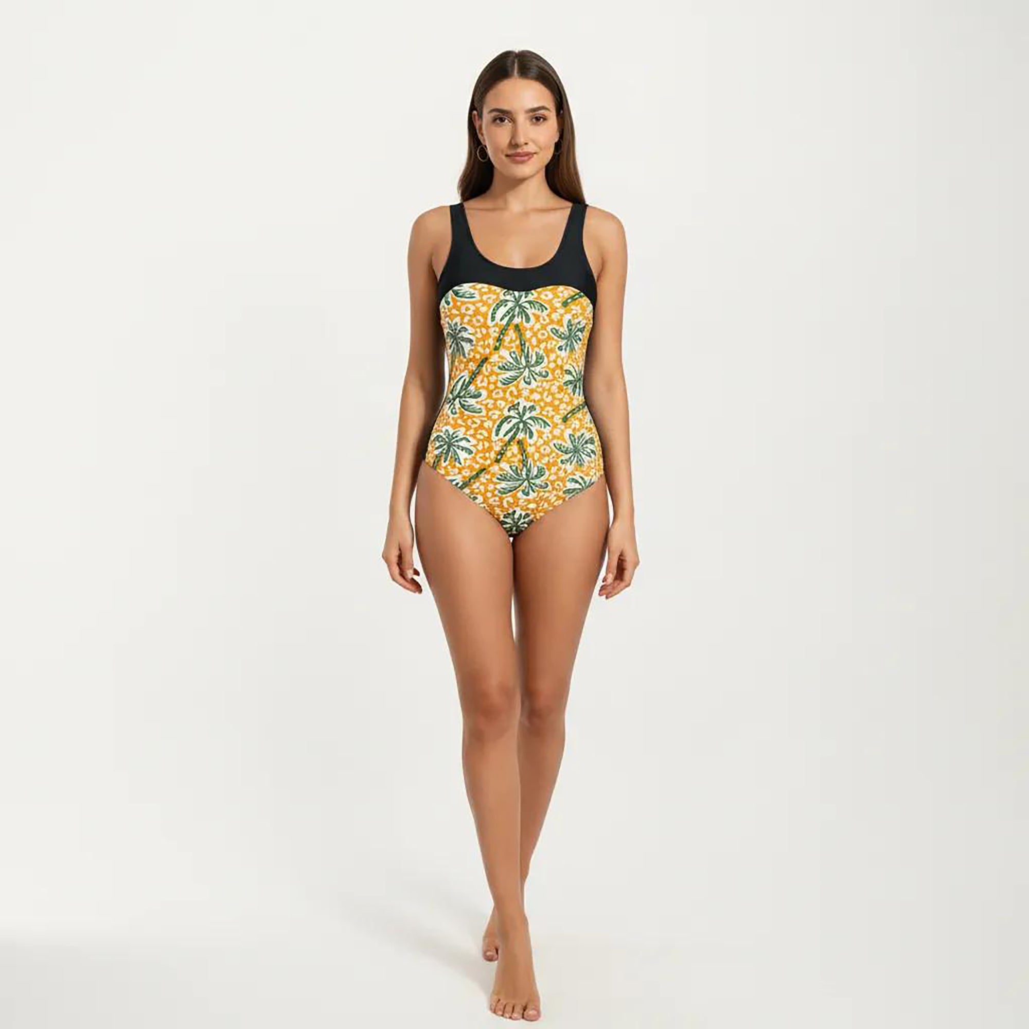 Anna-Kaci Women's Palm Tree Print One Piece Swimsuit with Scoop Neck and Contrast Upper Panel