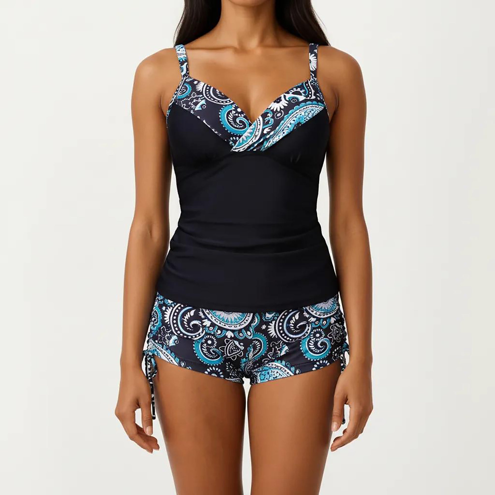 Anna-Kaci Women's 2-Piece Tankini Swimsuit Set with Paisley Print Boyshort Bottoms and V-Neck Top