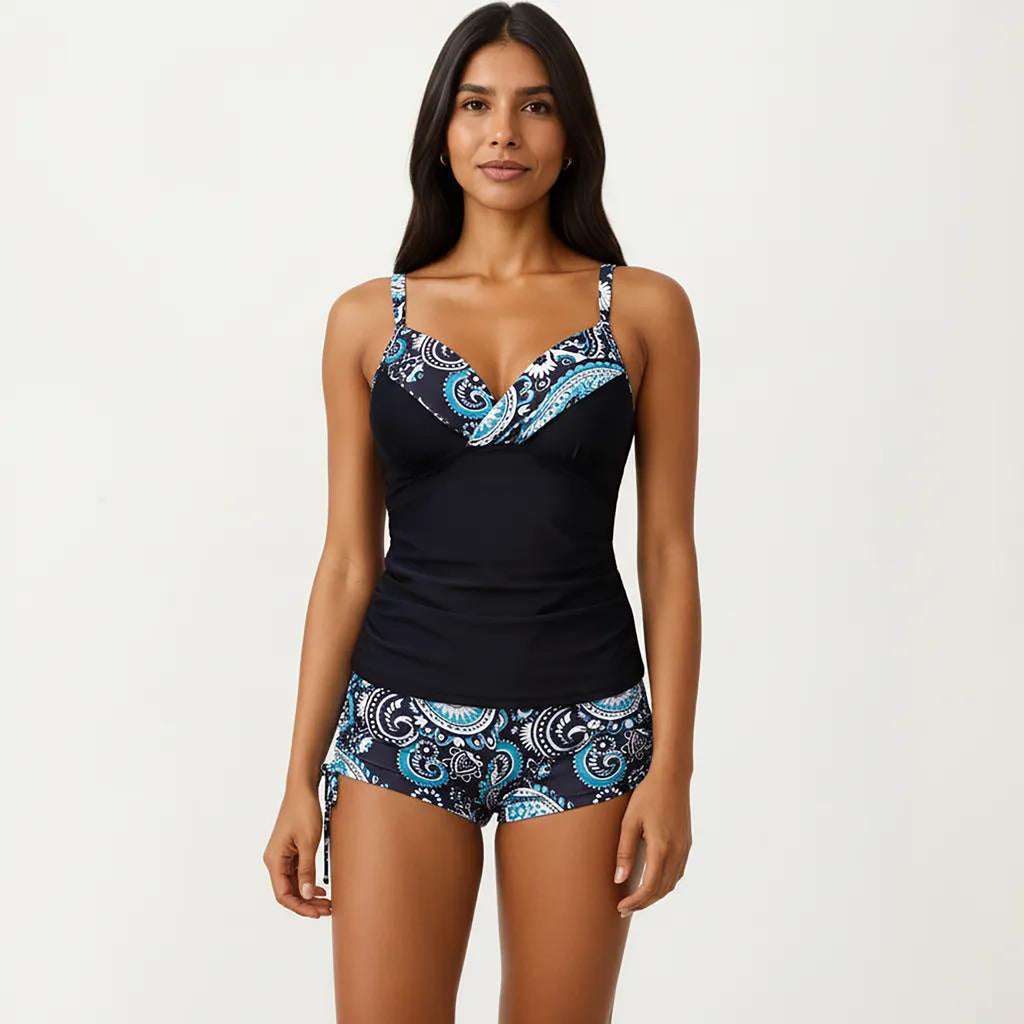 Anna-Kaci Women's 2-Piece Tankini Swimsuit Set with Paisley Print Boyshort Bottoms and V-Neck Top