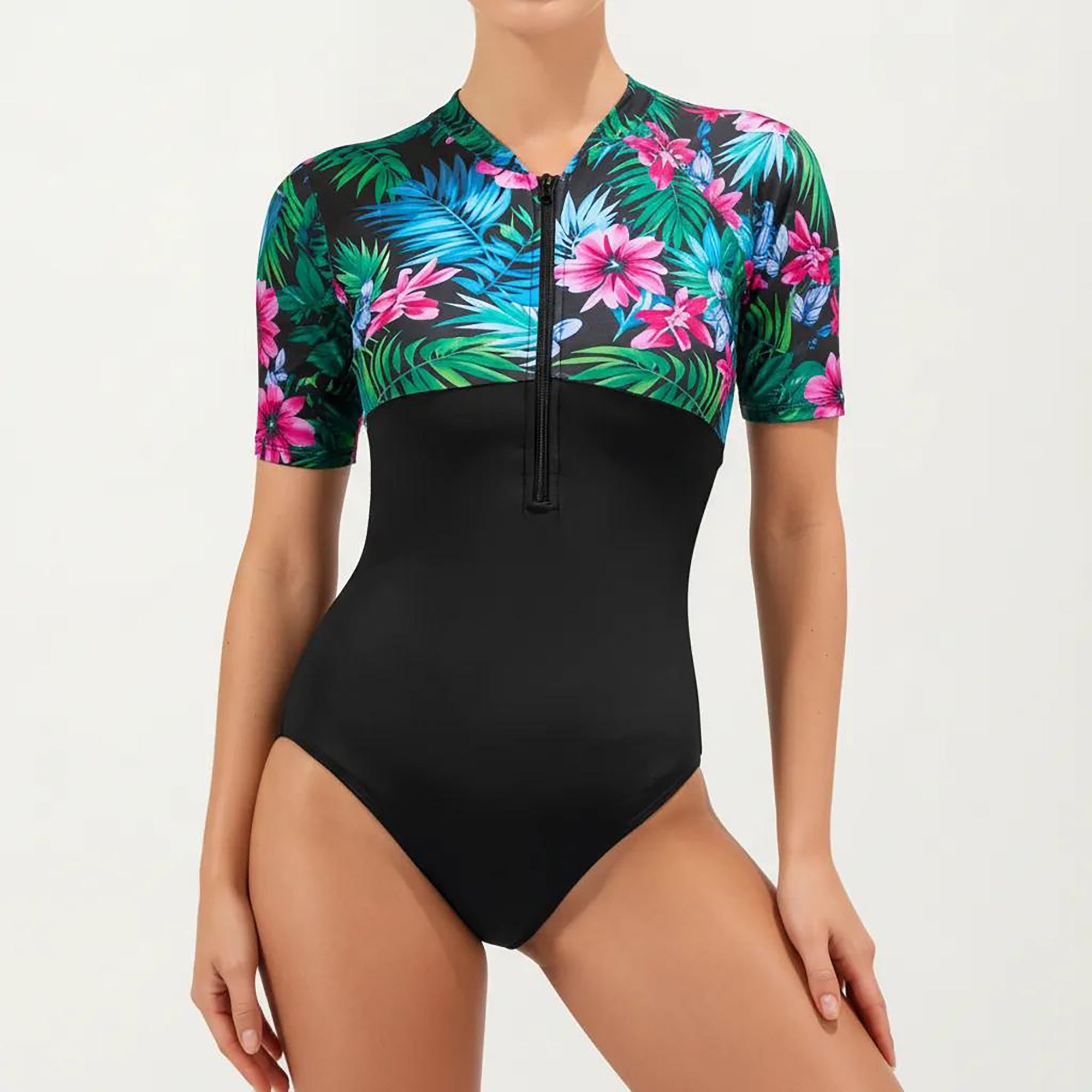 Anna-Kaci Women's Short Sleeve Zip Front One Piece Swimsuit with Floral Print Yoke Panel