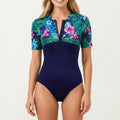 Anna-Kaci Women's Short Sleeve Zip Front One Piece Swimsuit with Floral Print Yoke Panel