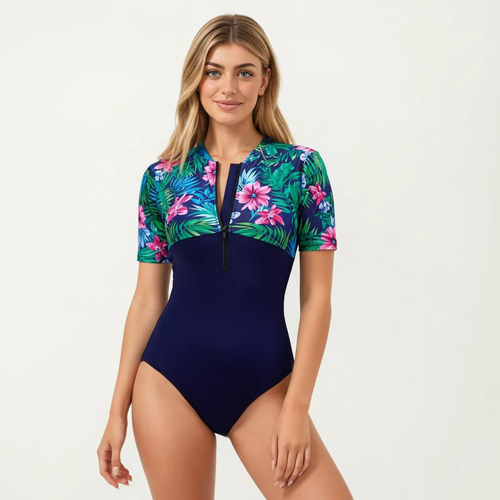 Anna-Kaci Women's Short Sleeve Zip Front One Piece Swimsuit with Floral Print Yoke Panel