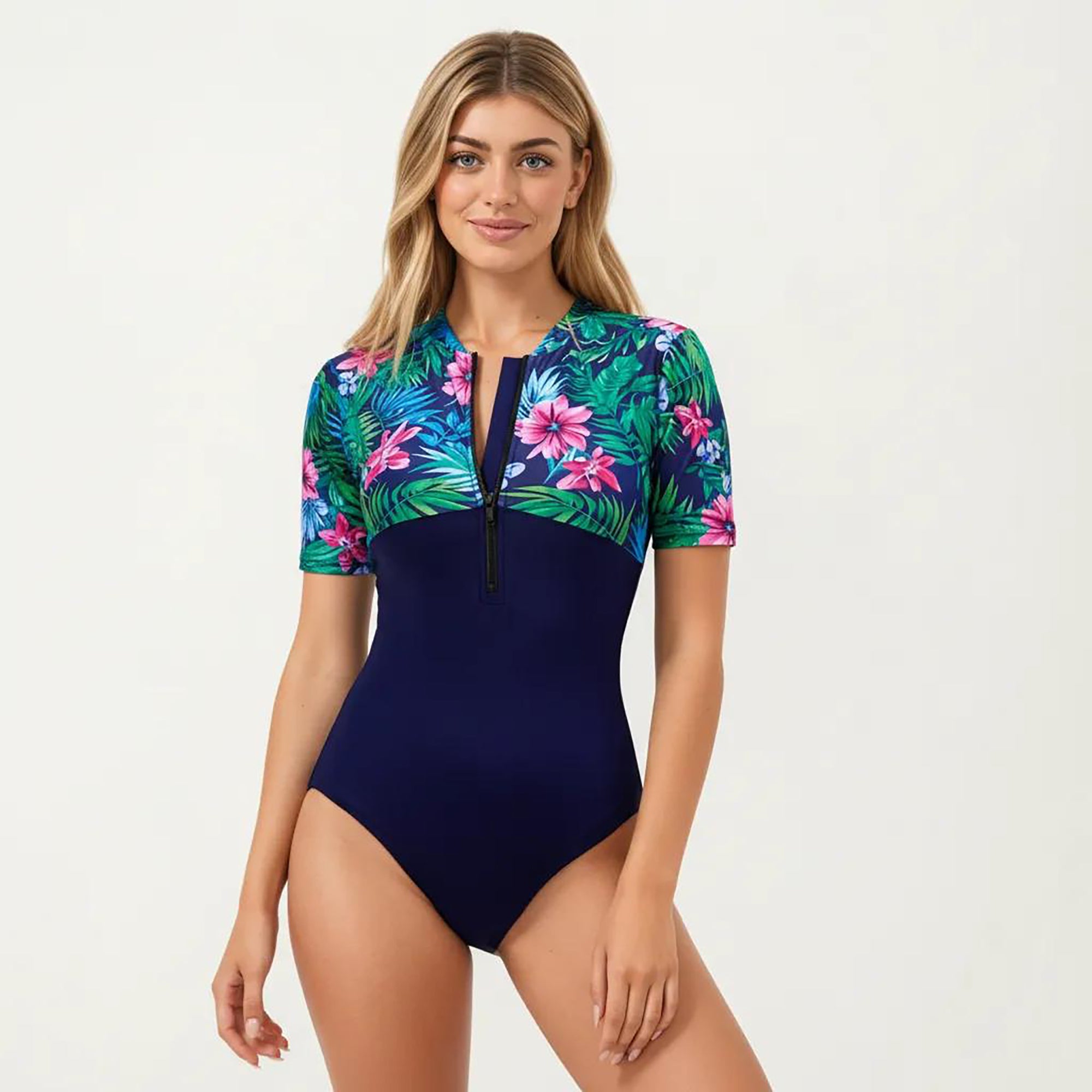 Anna-Kaci Women's Short Sleeve Zip Front One Piece Swimsuit with Floral Print Yoke Panel