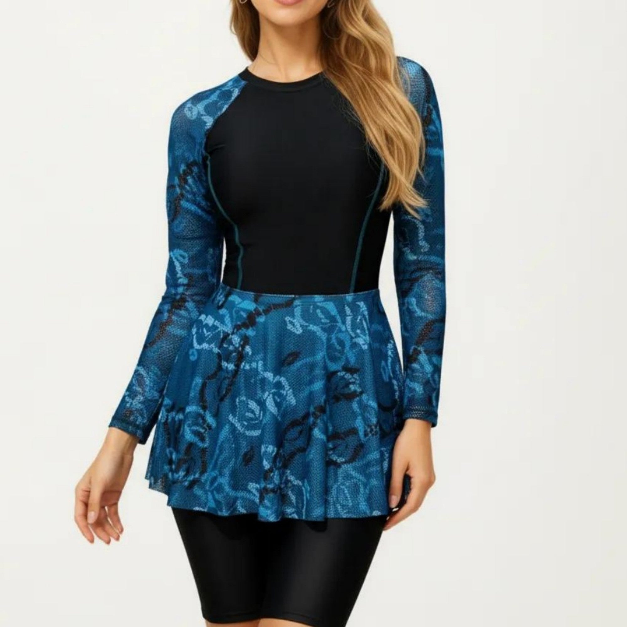 Anna-Kaci Women's 2-Piece Long Sleeve Swim Set with Printed Peplum Top and Bike Shorts