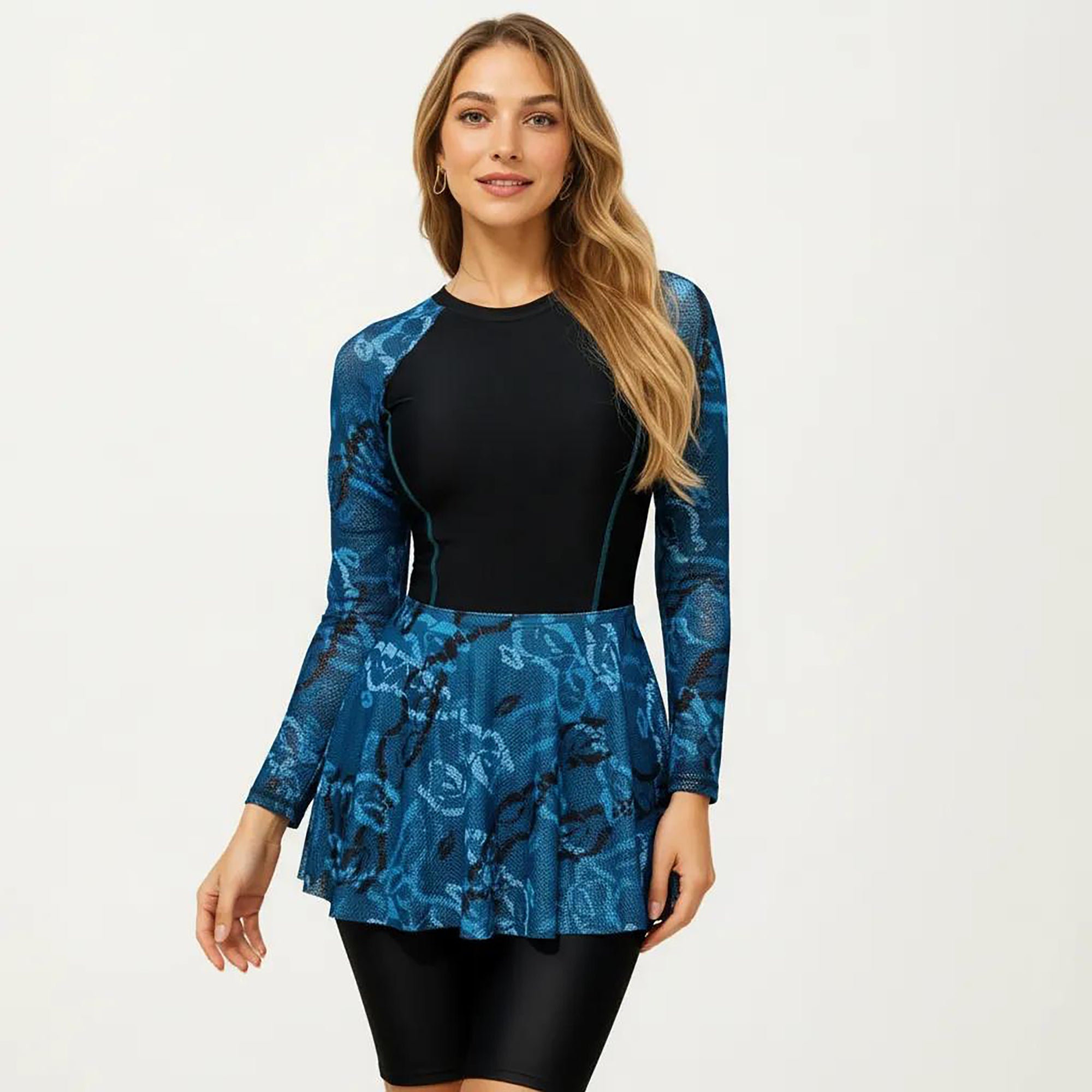 Anna-Kaci Women's 2-Piece Long Sleeve Swim Set with Printed Peplum Top and Bike Shorts