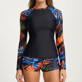 Anna-Kaci Women's 2-Piece Long Sleeve Rash Guard Swim Set with Printed Sleeves and Drawstring Shorts