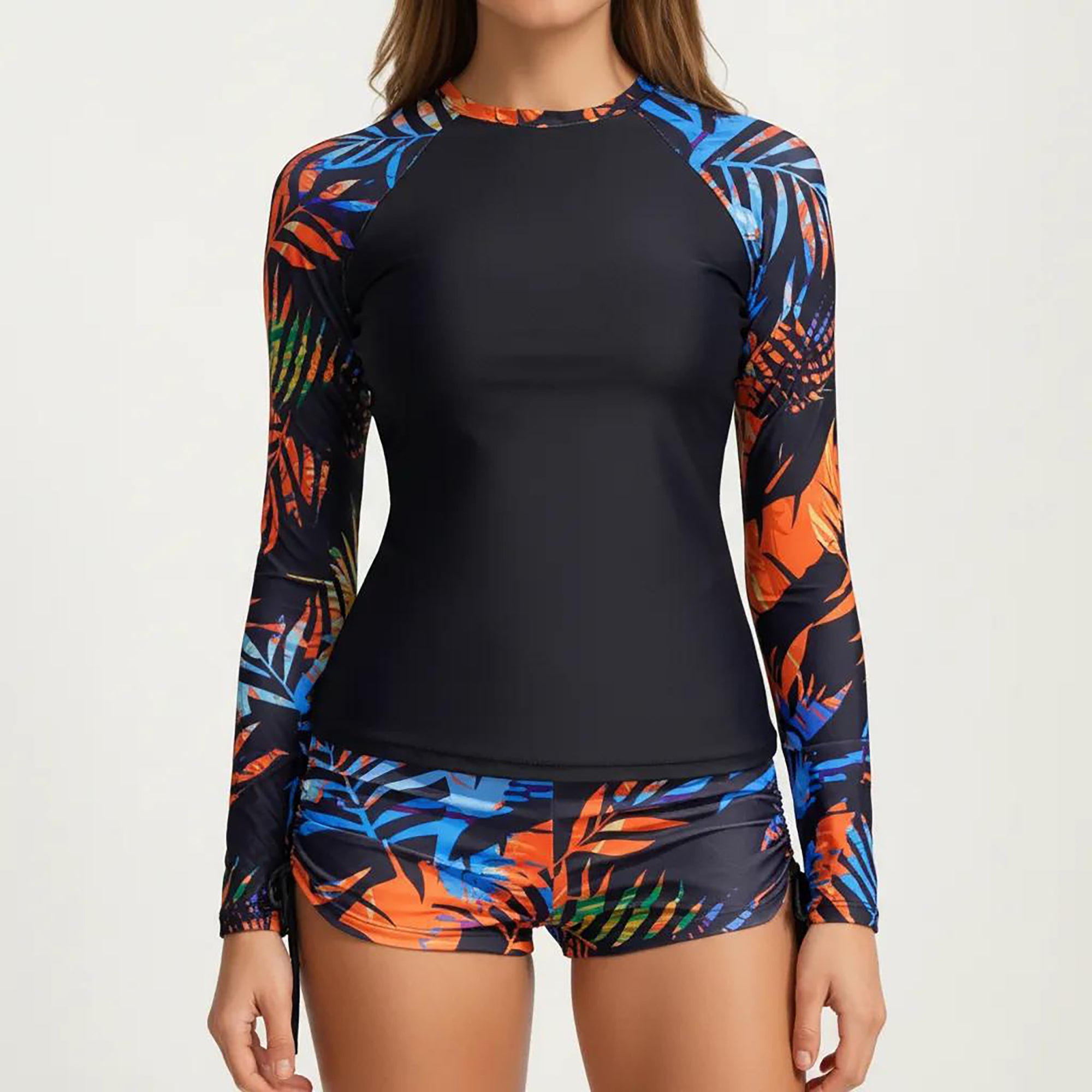 Anna-Kaci Women's 2-Piece Long Sleeve Rash Guard Swim Set with Printed Sleeves and Drawstring Shorts