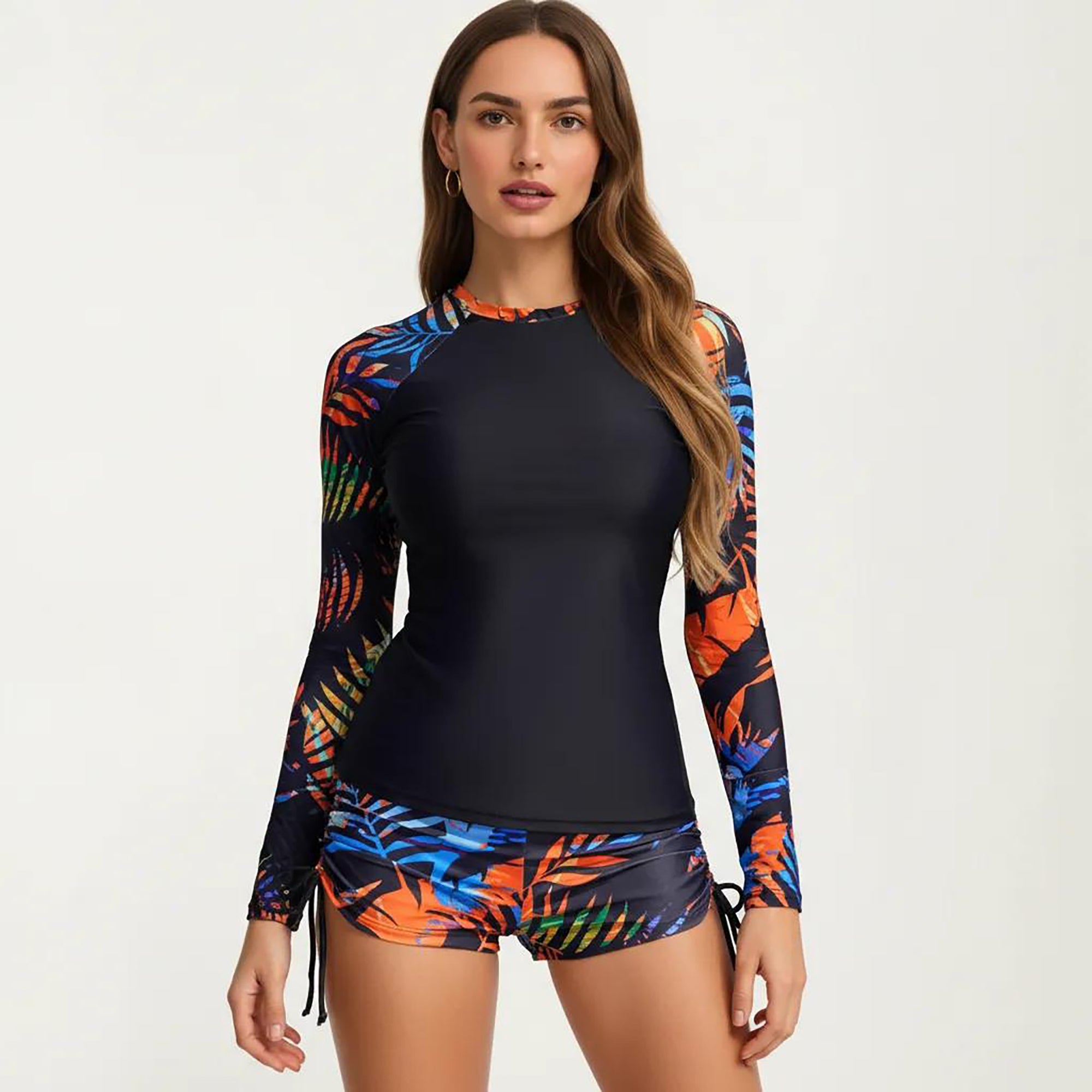 Anna-Kaci Women's 2-Piece Long Sleeve Rash Guard Swim Set with Printed Sleeves and Drawstring Shorts