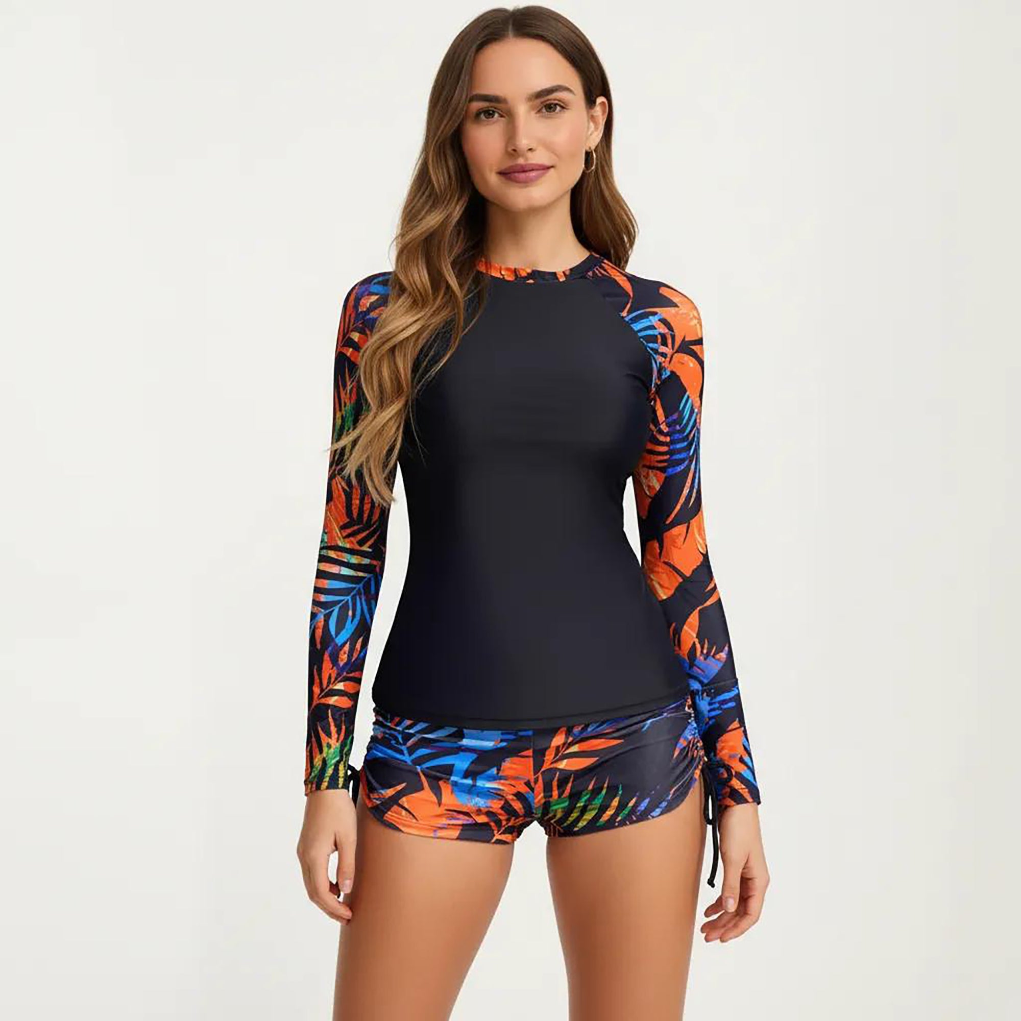 Anna-Kaci Women's 2-Piece Long Sleeve Rash Guard Swim Set with Printed Sleeves and Drawstring Shorts