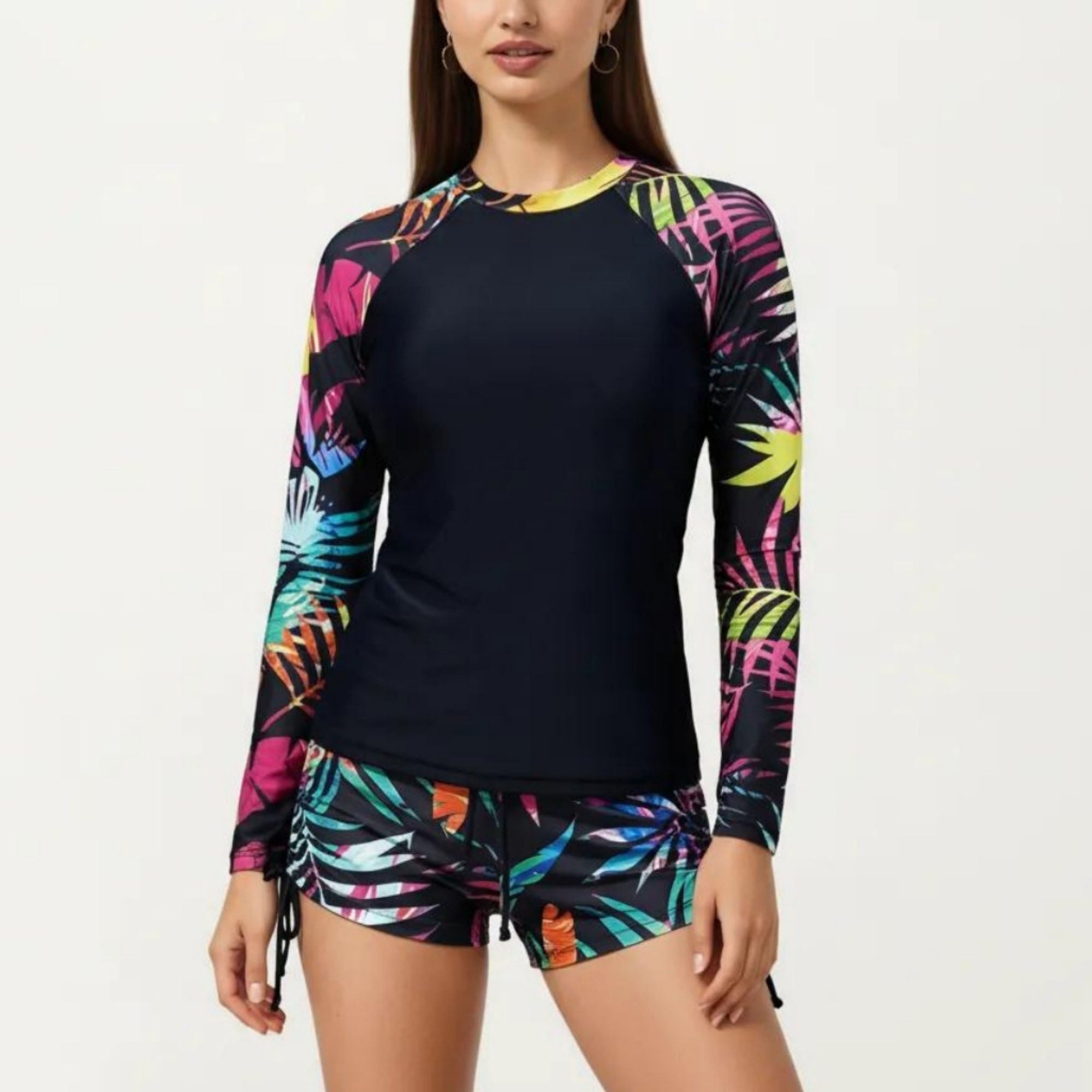 Anna-Kaci Women's 2-Piece Long Sleeve Rash Guard Swim Set with Printed Sleeves and Drawstring Shorts