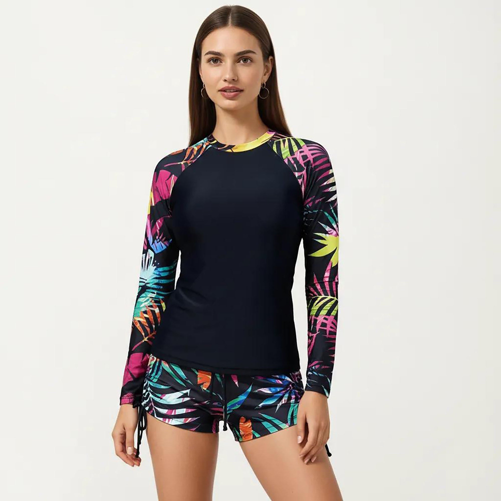 Anna-Kaci Women's 2-Piece Long Sleeve Rash Guard Swim Set with Printed Sleeves and Drawstring Shorts