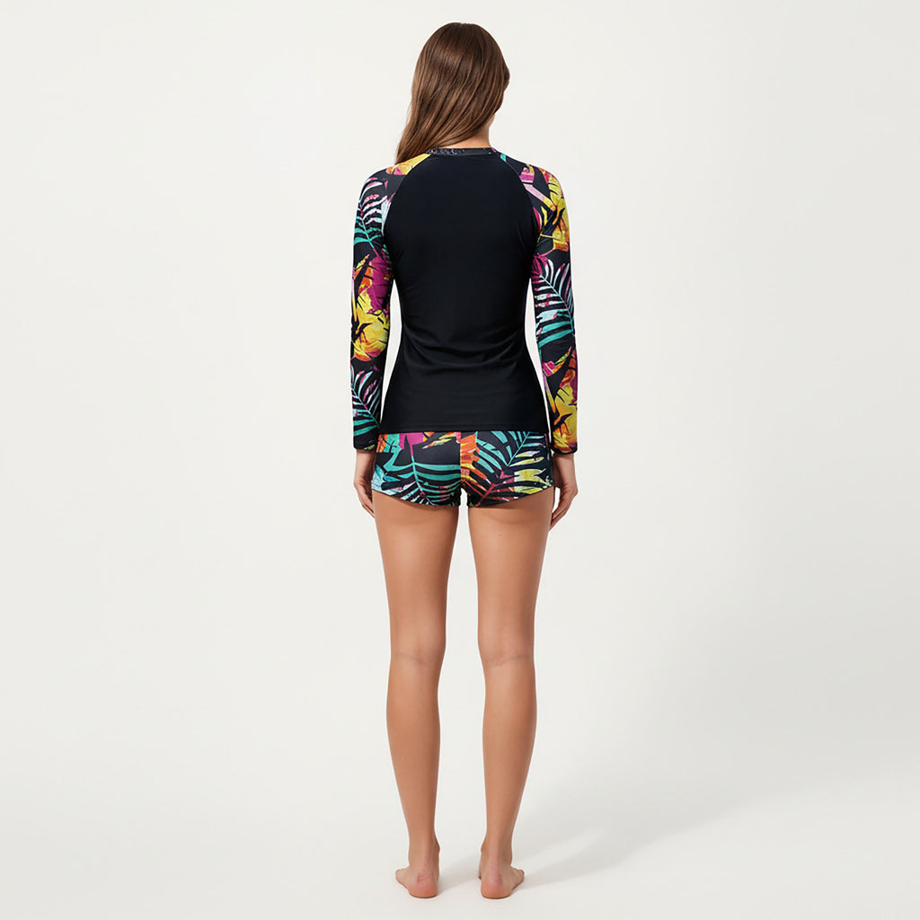 Anna-Kaci Women's 2-Piece Long Sleeve Rash Guard Swim Set with Printed Sleeves and Drawstring Shorts