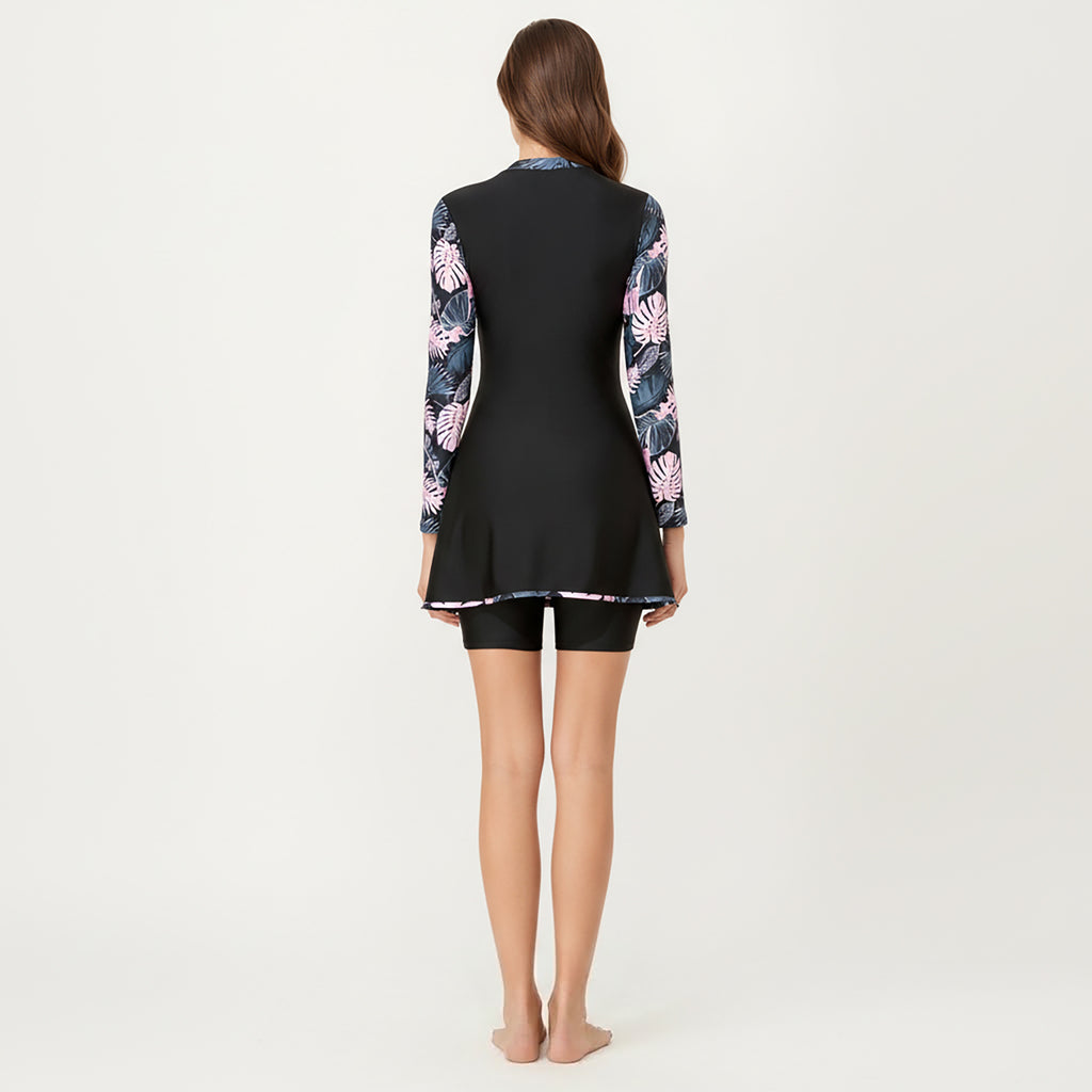 Anna-Kaci Women's 2-Piece Long Sleeve Zip Front Swim Dress with Floral Print and Separate Shorts
