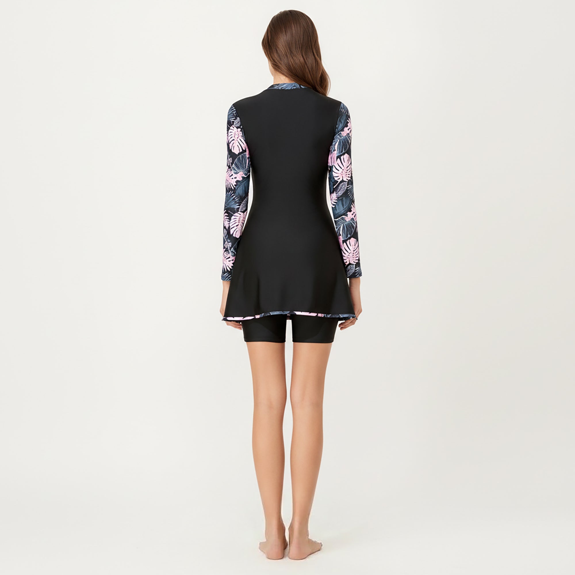 Anna-Kaci Women's 2-Piece Long Sleeve Zip Front Swim Dress with Floral Print and Separate Shorts