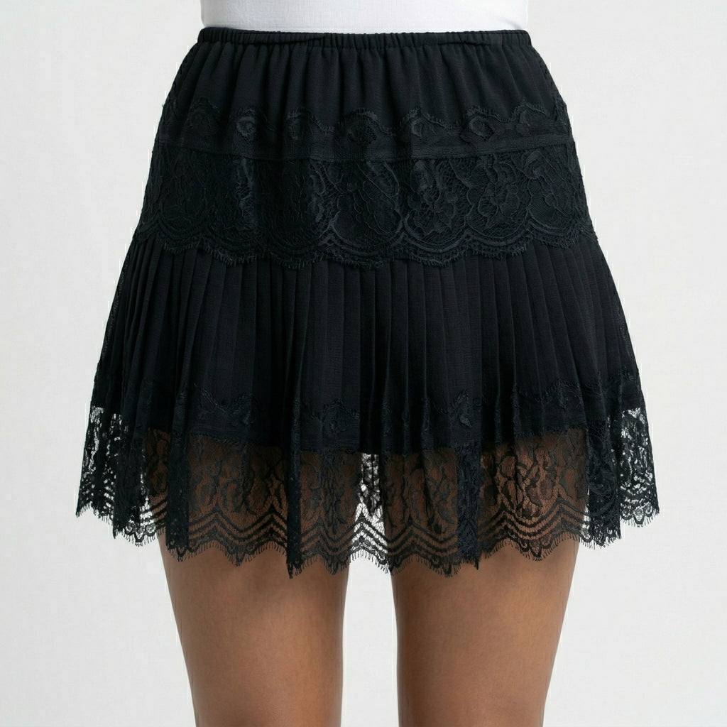 Anna-Kaci Women's Mini Skirt with Elastic Waist Pleated Design and Lace Trim Lightweight Summer Casual Skirt