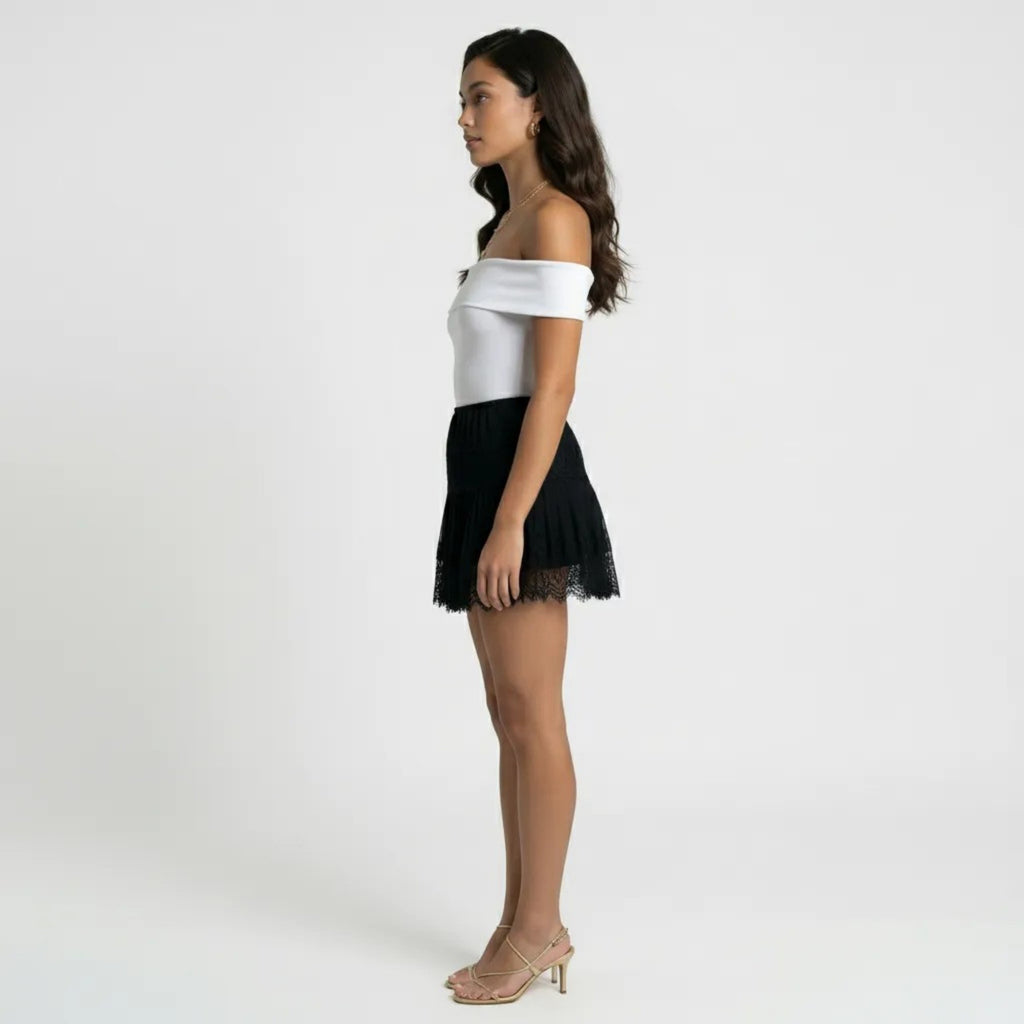 Anna-Kaci Women's Mini Skirt with Elastic Waist Pleated Design and Lace Trim Lightweight Summer Casual Skirt