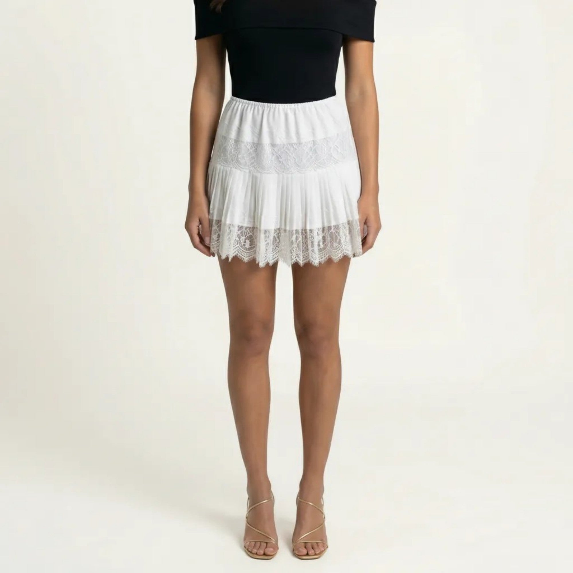 Anna-Kaci Women's Mini Skirt with Elastic Waist Pleated Design and Lace Trim Lightweight Summer Casual Skirt