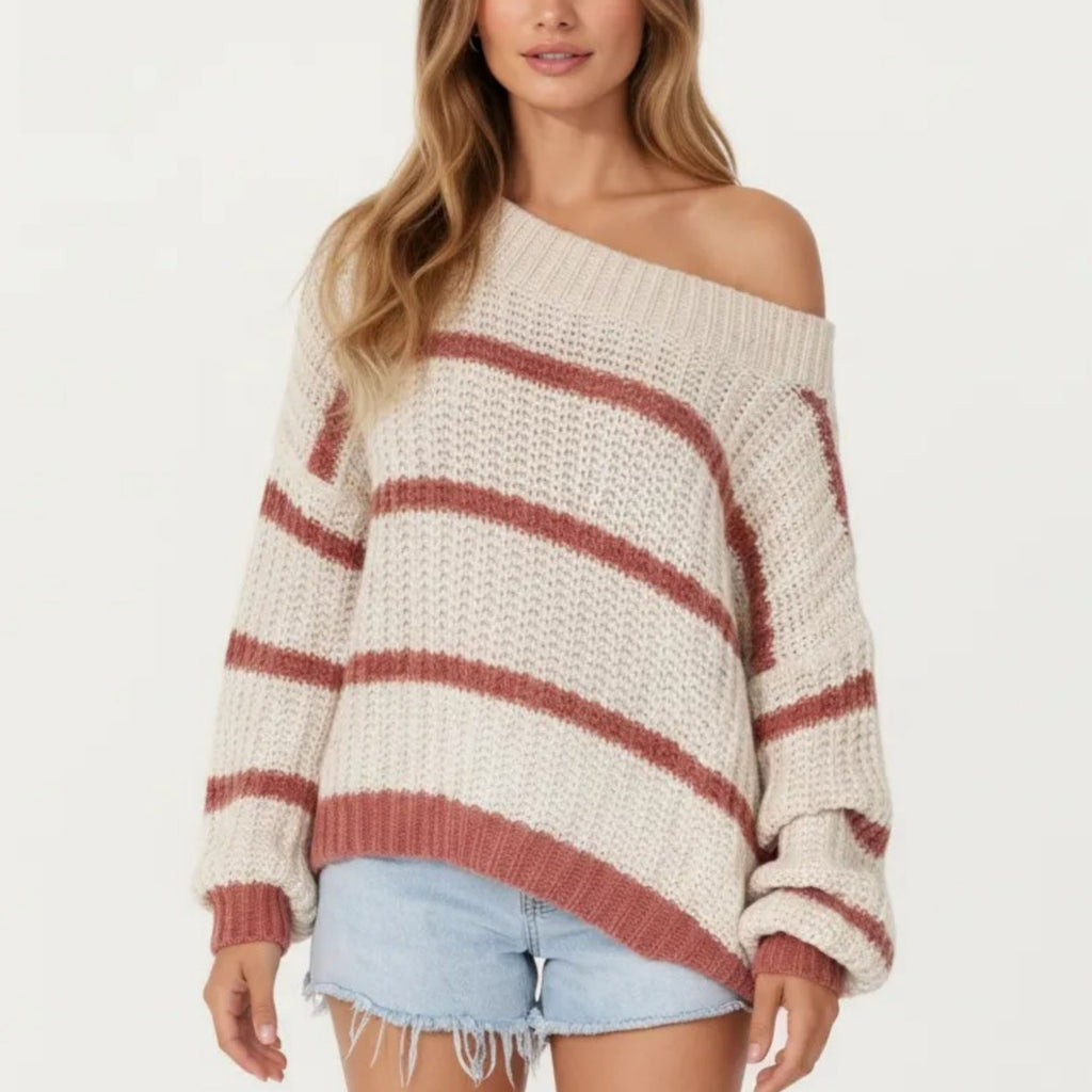 Anna-Kaci Women's Off Shoulder Striped Knit Sweater Top with Ribbed Boat Neckline Long Sleeves Relaxed Fit