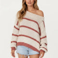 Anna-Kaci Women's Off Shoulder Striped Knit Sweater Top with Ribbed Boat Neckline Long Sleeves Relaxed Fit