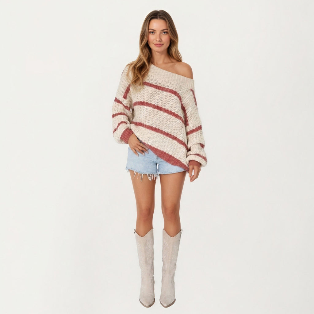 Anna-Kaci Women's Off Shoulder Striped Knit Sweater Top with Ribbed Boat Neckline Long Sleeves Relaxed Fit