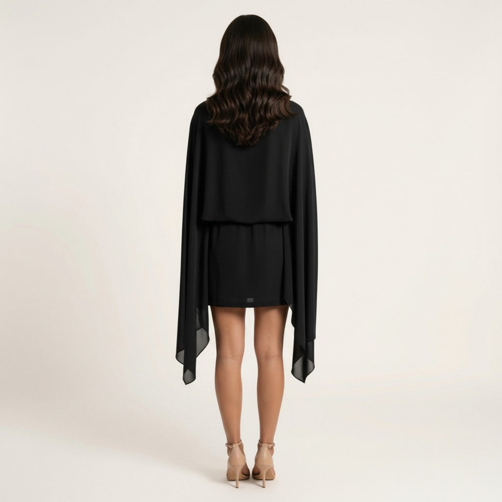 Anna-Kaci Women's Mini Dress with Sheer Draped Long Sleeves and Fitted Skirt Elegant Party Outfit