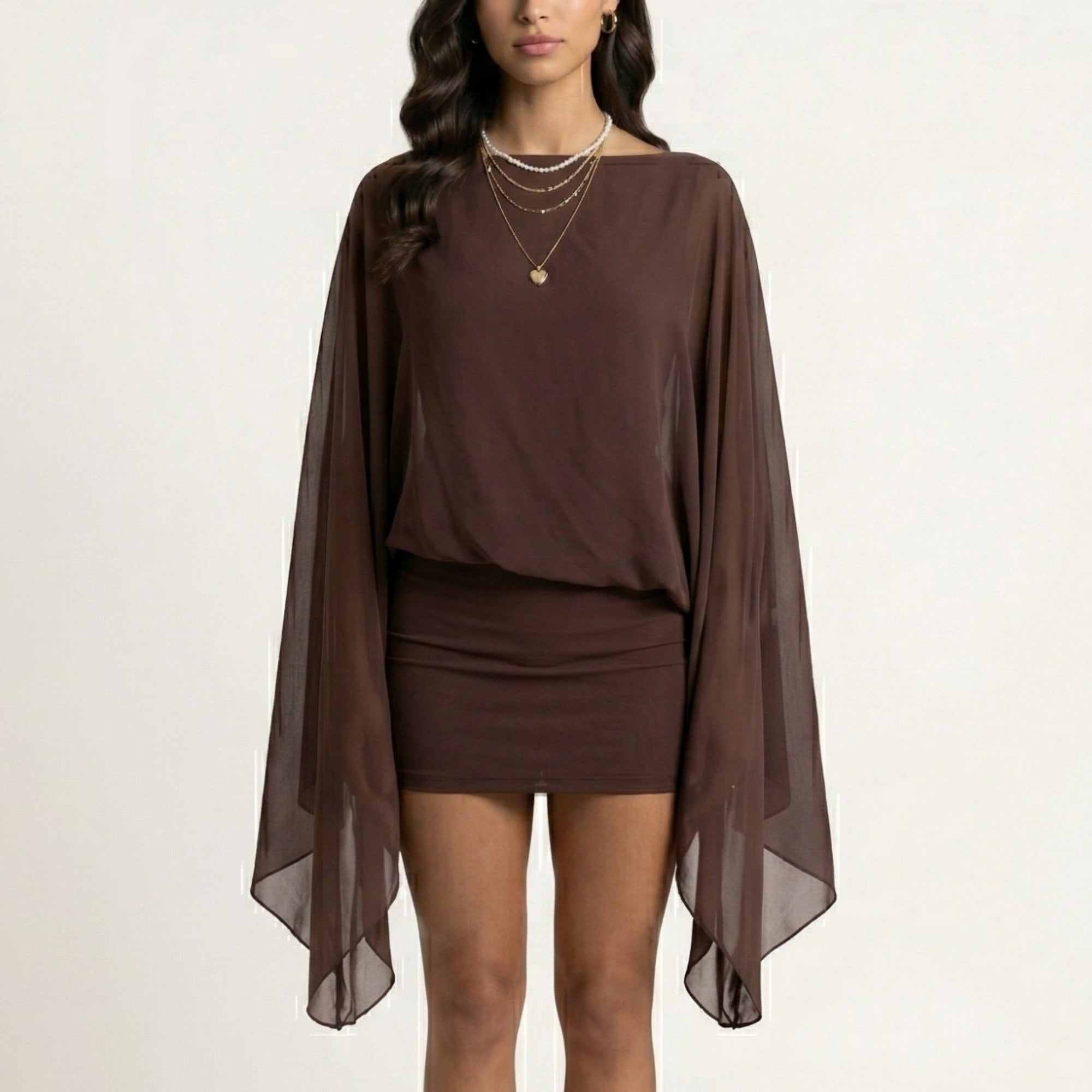 Anna-Kaci Women's Mini Dress with Sheer Draped Long Sleeves and Fitted Skirt Elegant Party Outfit