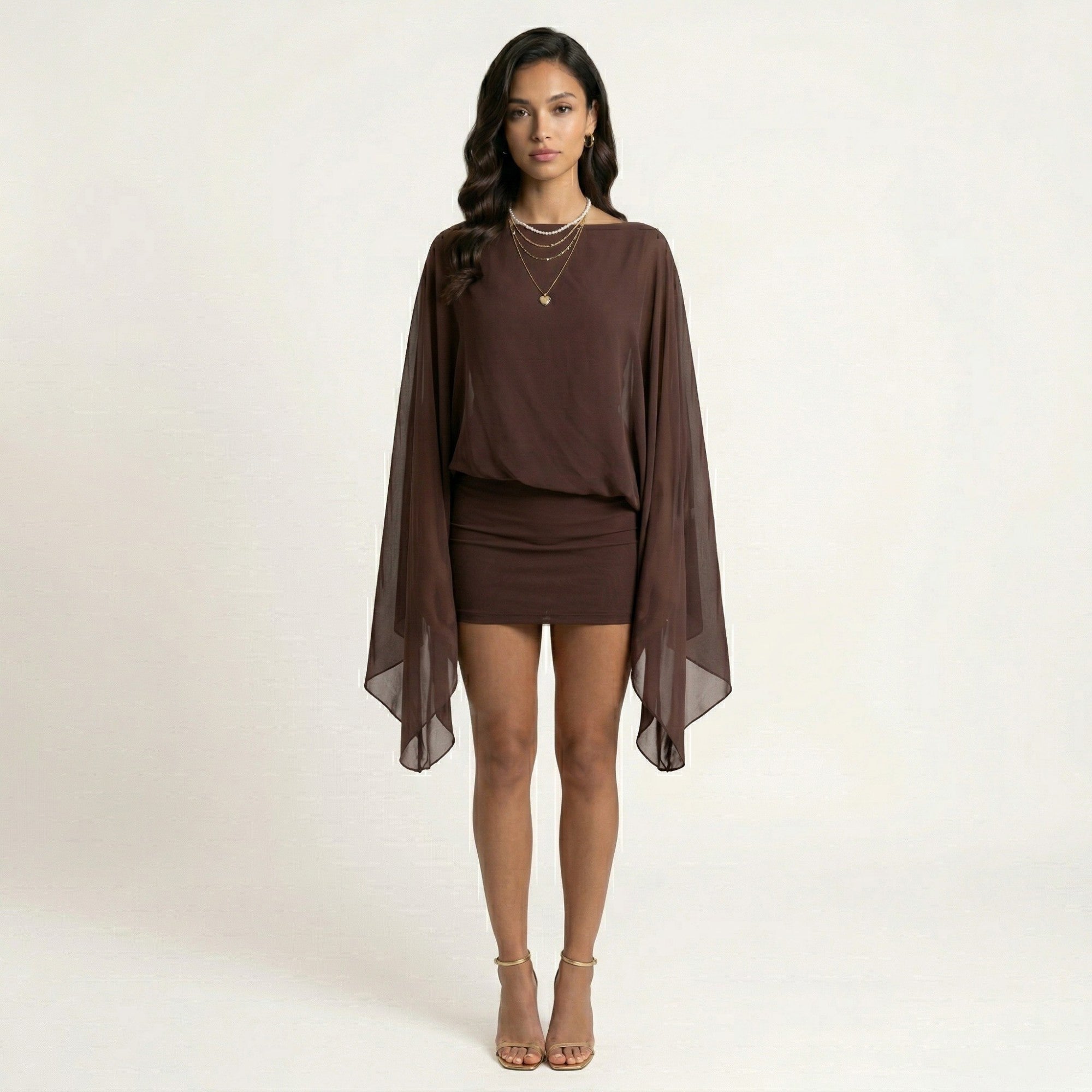 Anna-Kaci Women's Mini Dress with Sheer Draped Long Sleeves and Fitted Skirt Elegant Party Outfit