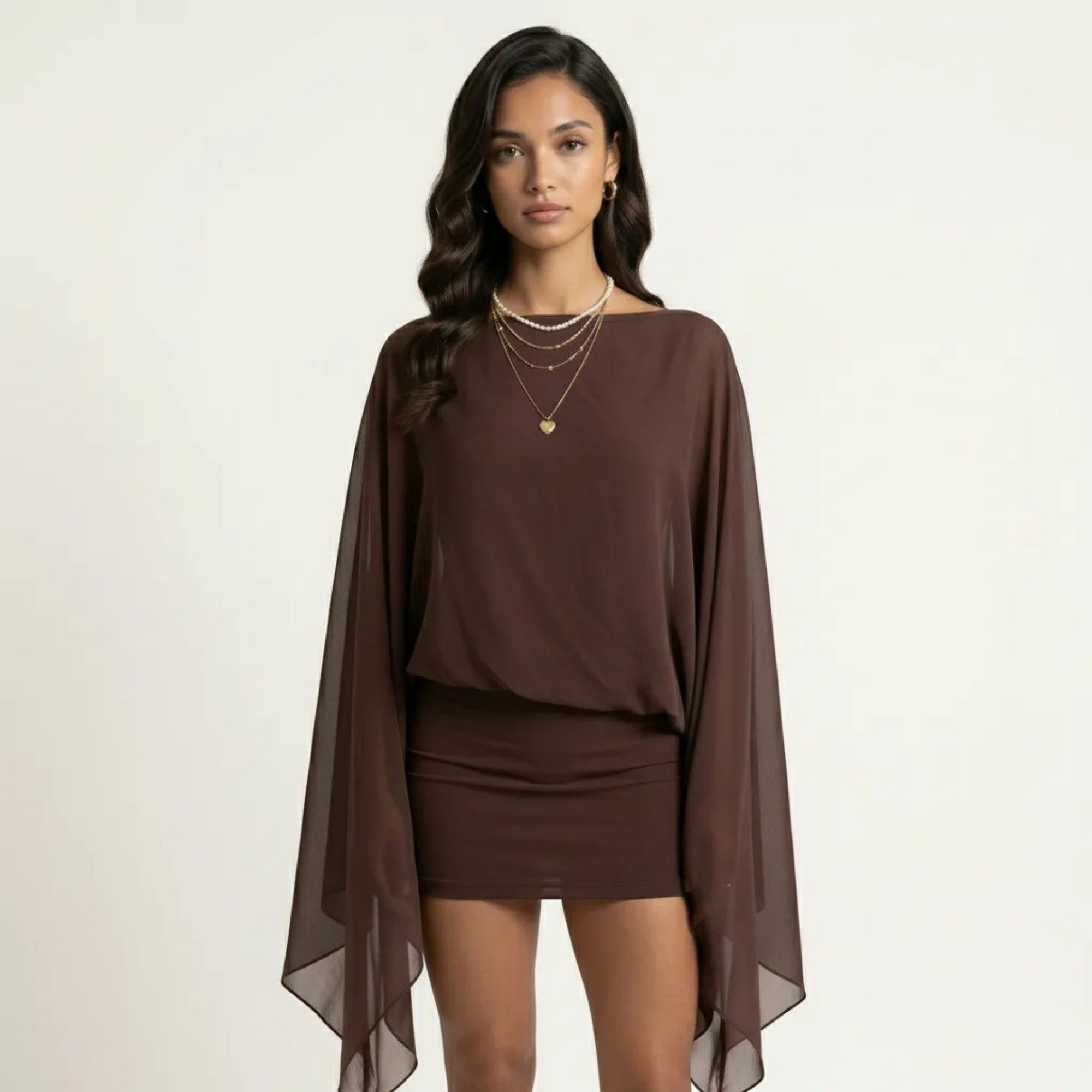 Anna-Kaci Women's Mini Dress with Sheer Draped Long Sleeves and Fitted Skirt Elegant Party Outfit