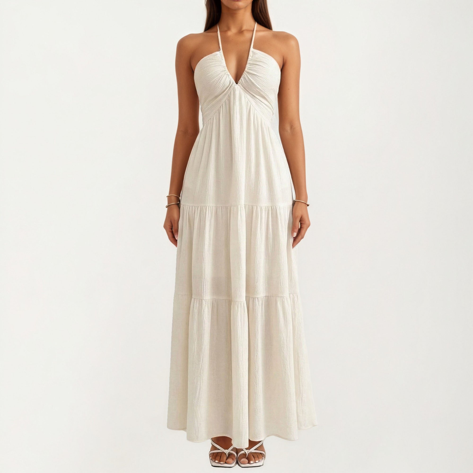 Anna-Kaci Women's Halter Neck Tiered Maxi Dress with Twist Front Bodice Flowing A Line Silhouette