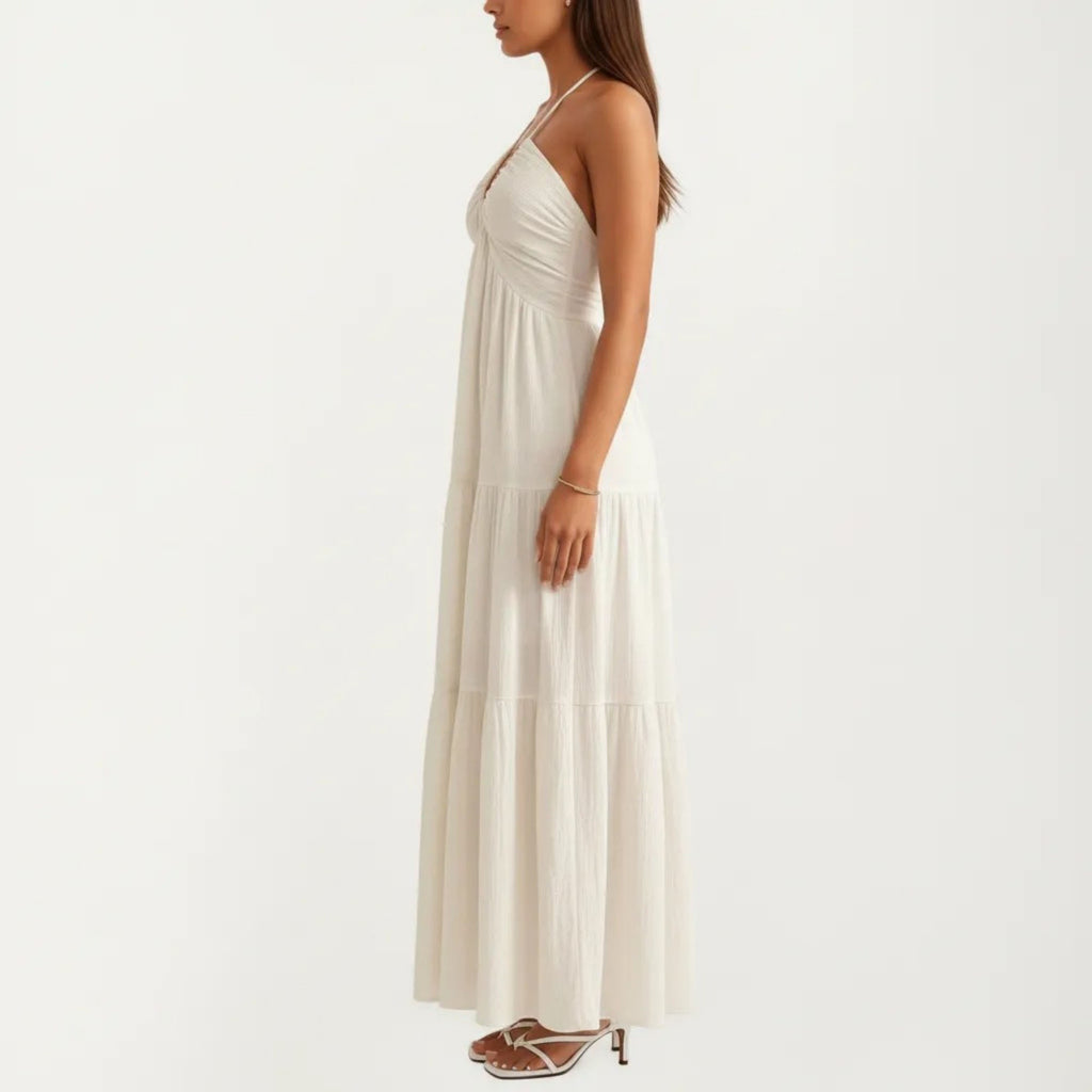 Anna-Kaci Women's Halter Neck Tiered Maxi Dress with Twist Front Bodice Flowing A Line Silhouette