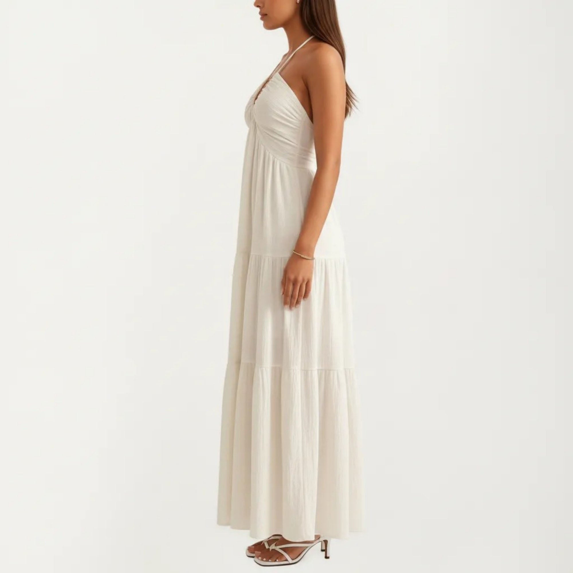 Anna-Kaci Women's Halter Neck Tiered Maxi Dress with Twist Front Bodice Flowing A Line Silhouette