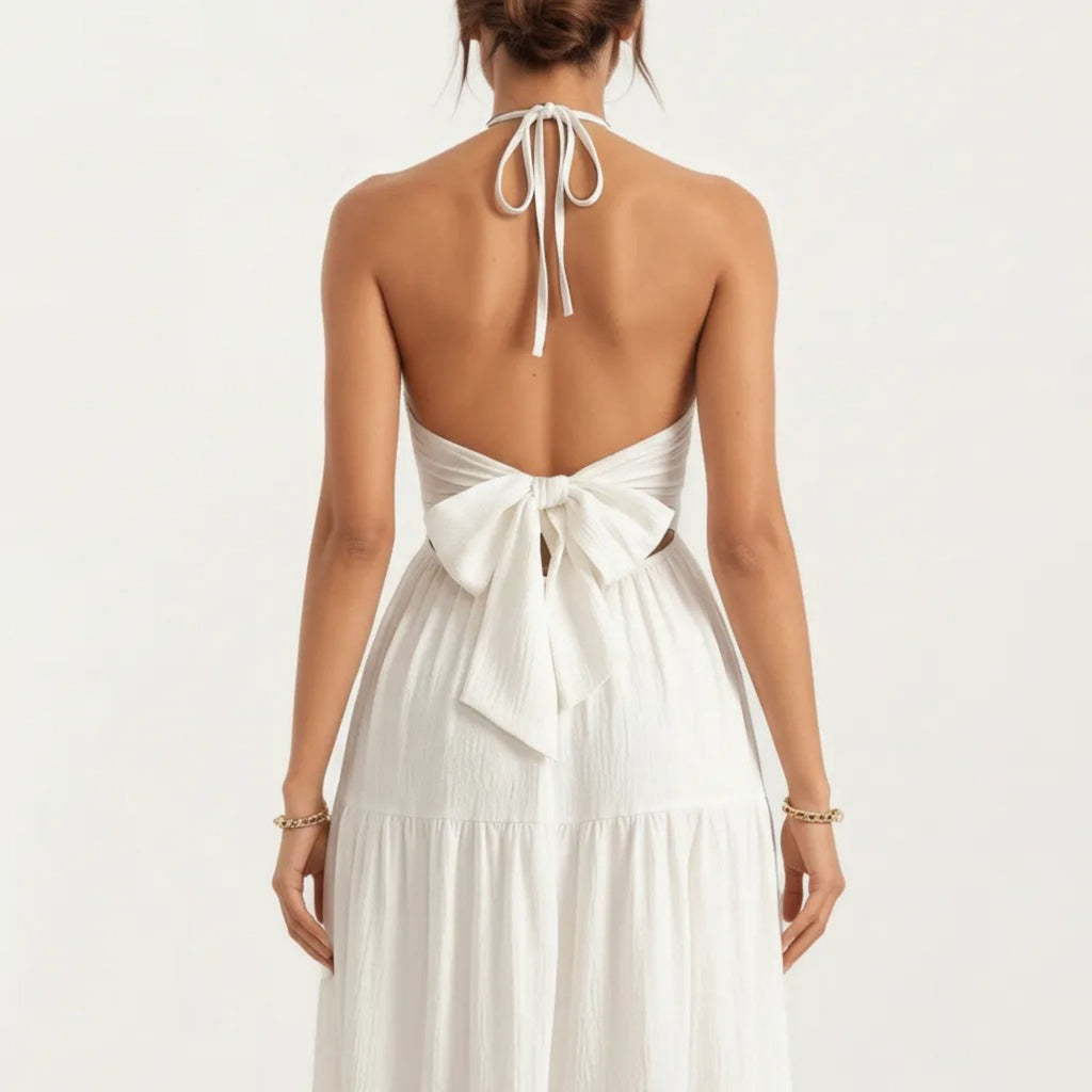 Anna-Kaci Women's Halter Neck Tiered Maxi Dress with Twist Front Bodice Flowing A Line Silhouette