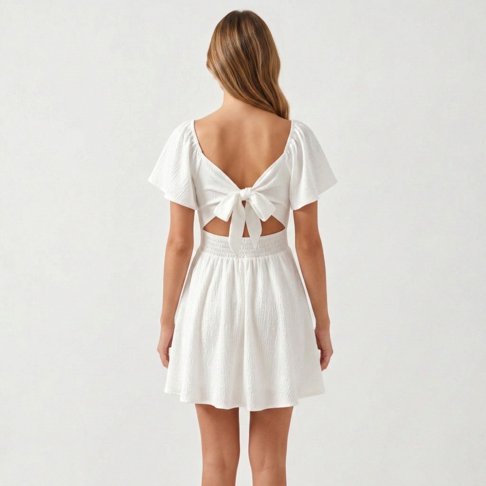 Anna-Kaci Women's Sweetheart Twist Front Mini Dress with Flutter Sleeves Smocked Back Flowy A Line Silhouette, XL 16-18 / White Anna-Kaci Women's Sweetheart Twist Front Mini Dress with Flutter Sleeves Smocked Back Flowy A Line Silhouette, XL 16-18 / White