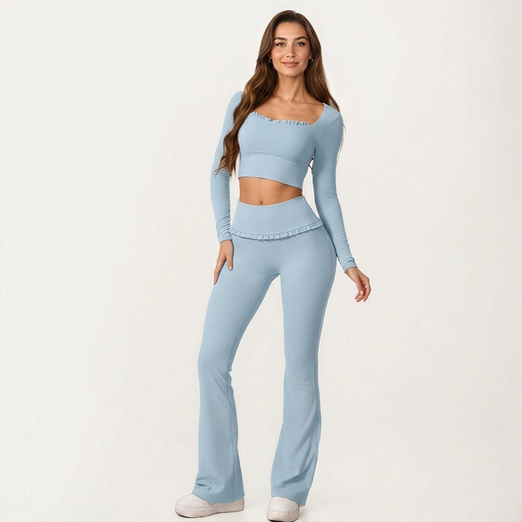 Anna-Kaci Women's Long Sleeve Square Neck Crop Top Ruffle Trim Stretch Activewear Fitted Workout Top