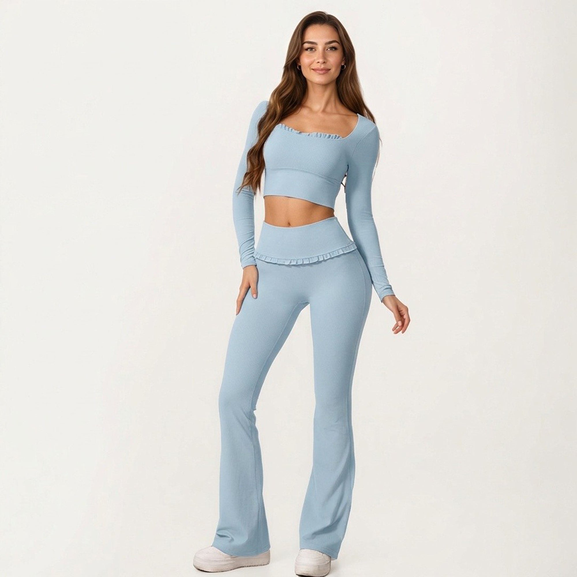 Anna-Kaci Women's Long Sleeve Square Neck Crop Top Ruffle Trim Stretch Activewear Fitted Workout Top