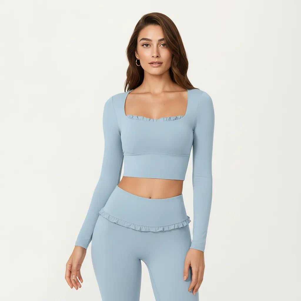 Anna-Kaci Women's Long Sleeve Square Neck Crop Top Ruffle Trim Stretch Activewear Fitted Workout Top