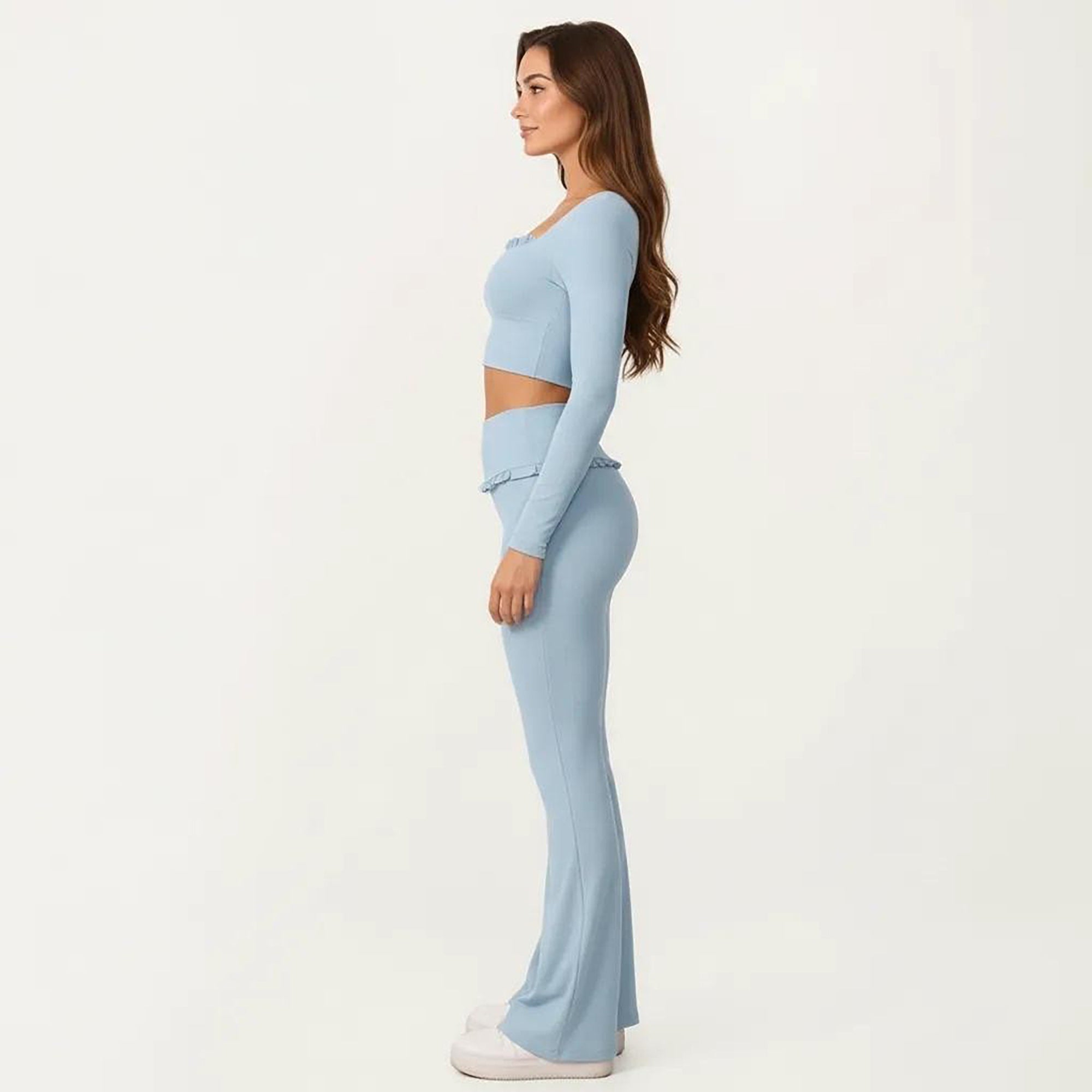 Anna-Kaci Women's Long Sleeve Square Neck Crop Top Ruffle Trim Stretch Activewear Fitted Workout Top