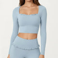 Anna-Kaci Women's Long Sleeve Square Neck Crop Top Ruffle Trim Stretch Activewear Fitted Workout Top