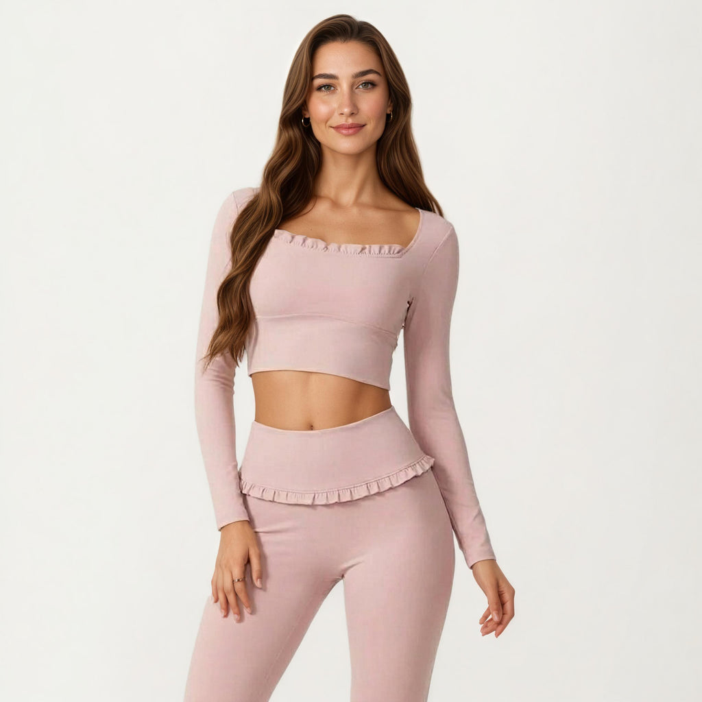 Anna-Kaci Women's Long Sleeve Square Neck Crop Top Ruffle Trim Stretch Activewear Fitted Workout Top