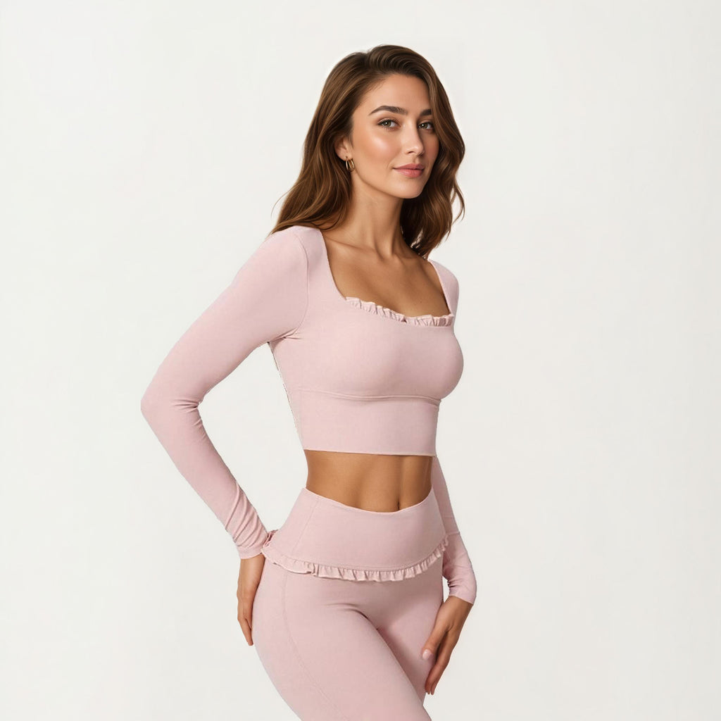 Anna-Kaci Women's Long Sleeve Square Neck Crop Top Ruffle Trim Stretch Activewear Fitted Workout Top