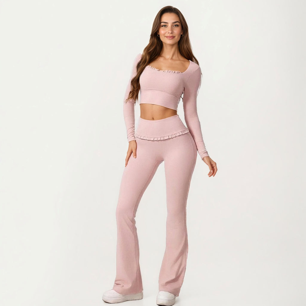 Anna-Kaci Women's Long Sleeve Square Neck Crop Top Ruffle Trim Stretch Activewear Fitted Workout Top