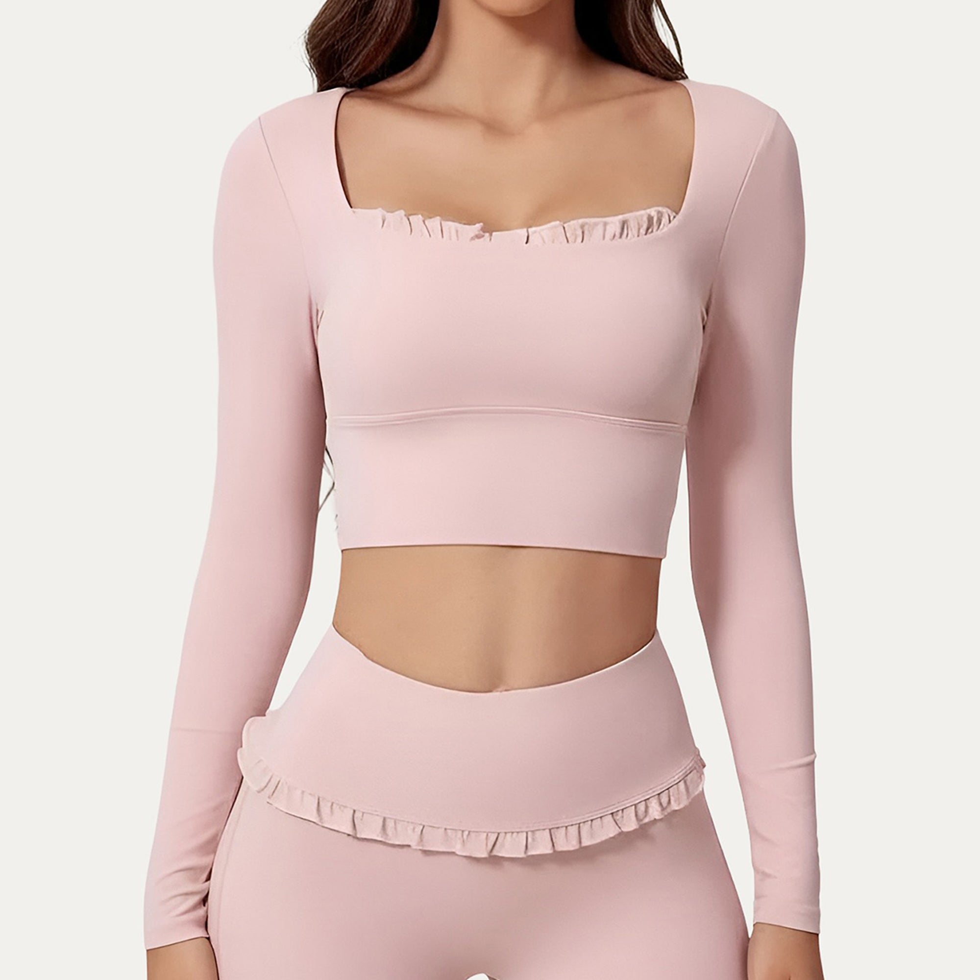 Anna-Kaci Women's Long Sleeve Square Neck Crop Top Ruffle Trim Stretch Activewear Fitted Workout Top