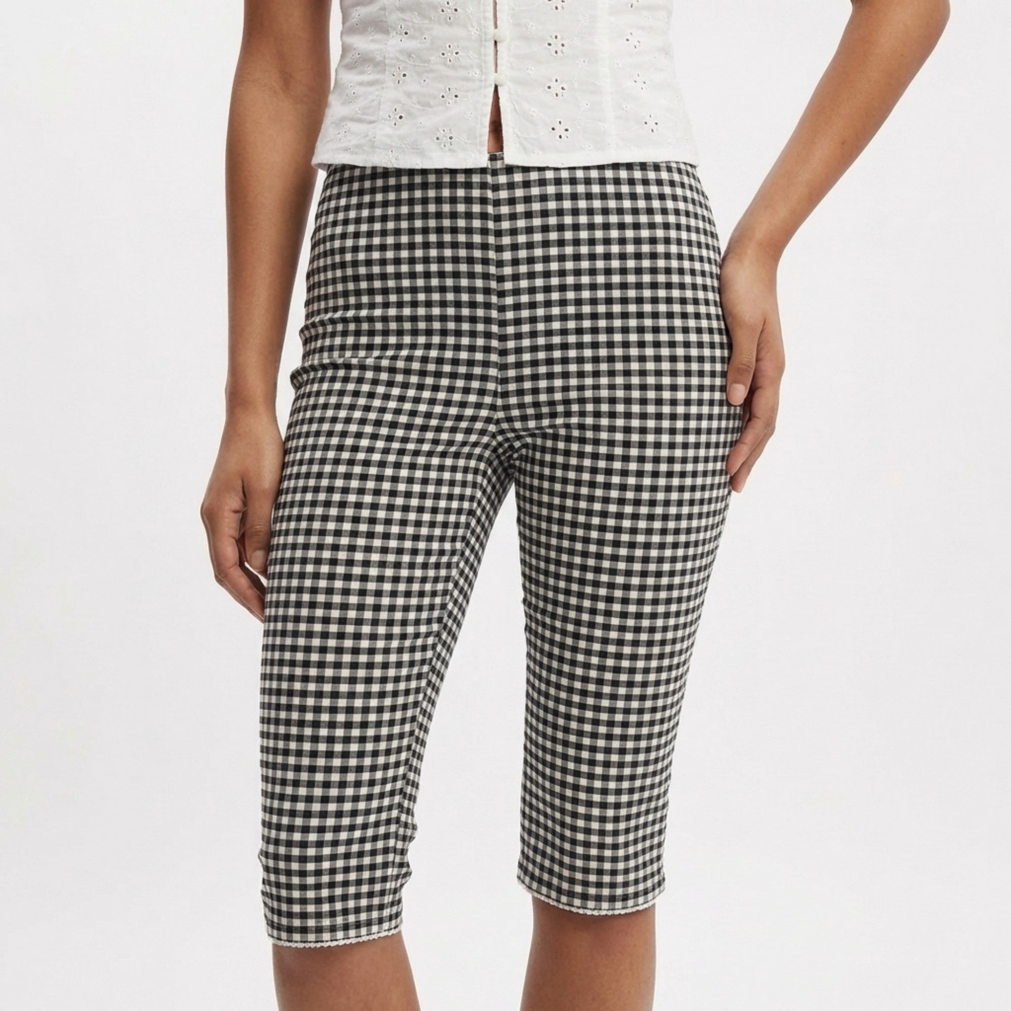 Anna-Kaci Gingham Capri Pants Mid Rise Stretch Fit Cropped Length Slim Silhouette