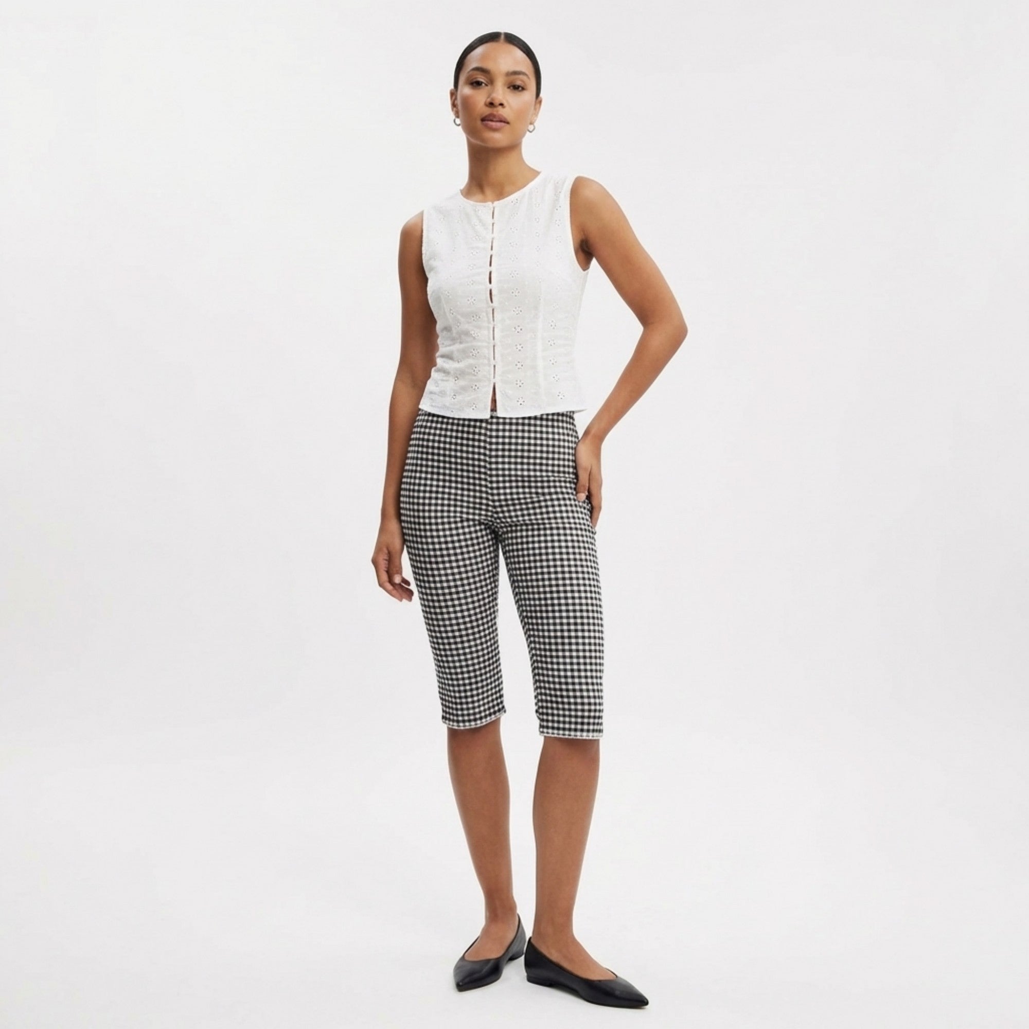 Anna-Kaci Gingham Capri Pants Mid Rise Stretch Fit Cropped Length Slim Silhouette