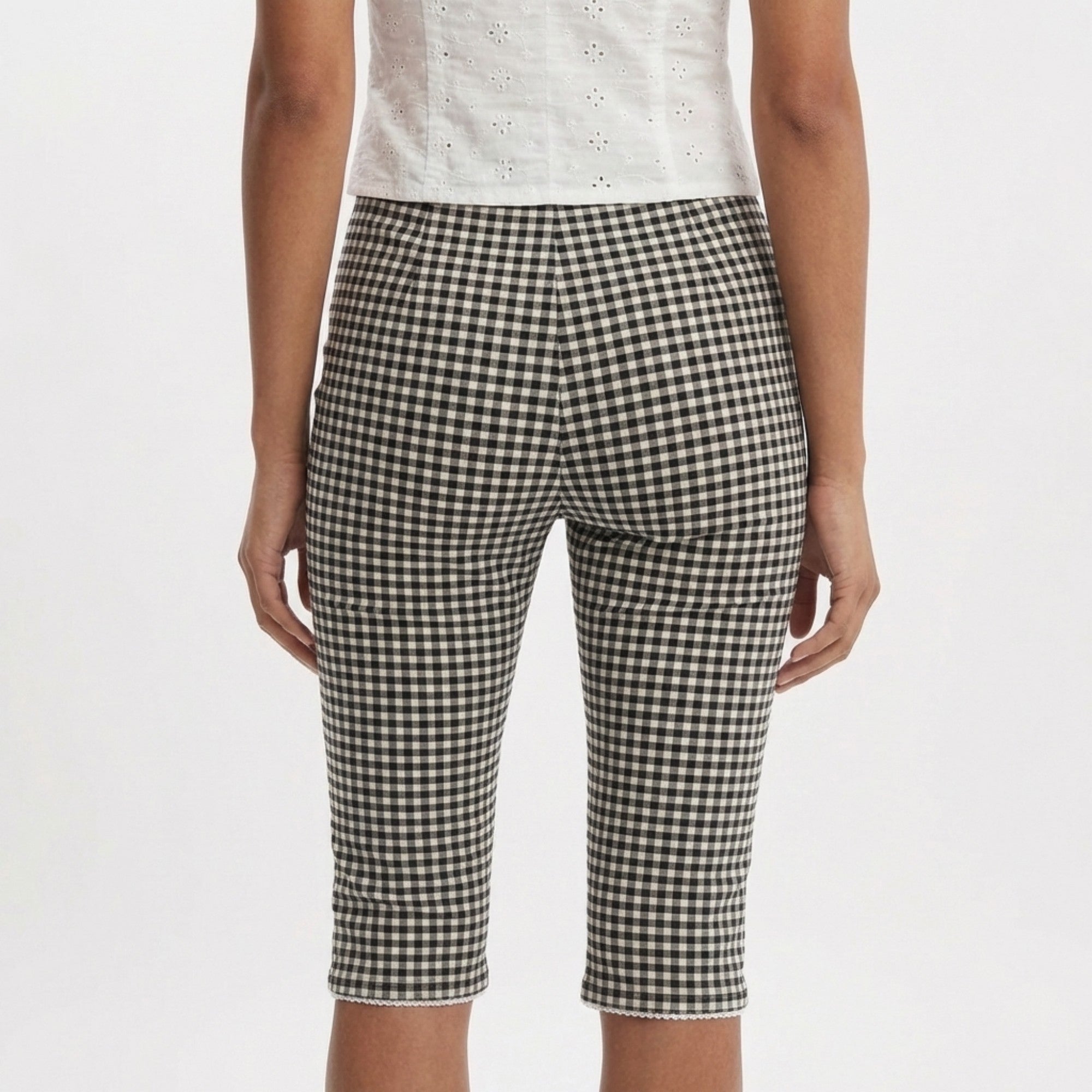 Anna-Kaci Gingham Capri Pants Mid Rise Stretch Fit Cropped Length Slim Silhouette