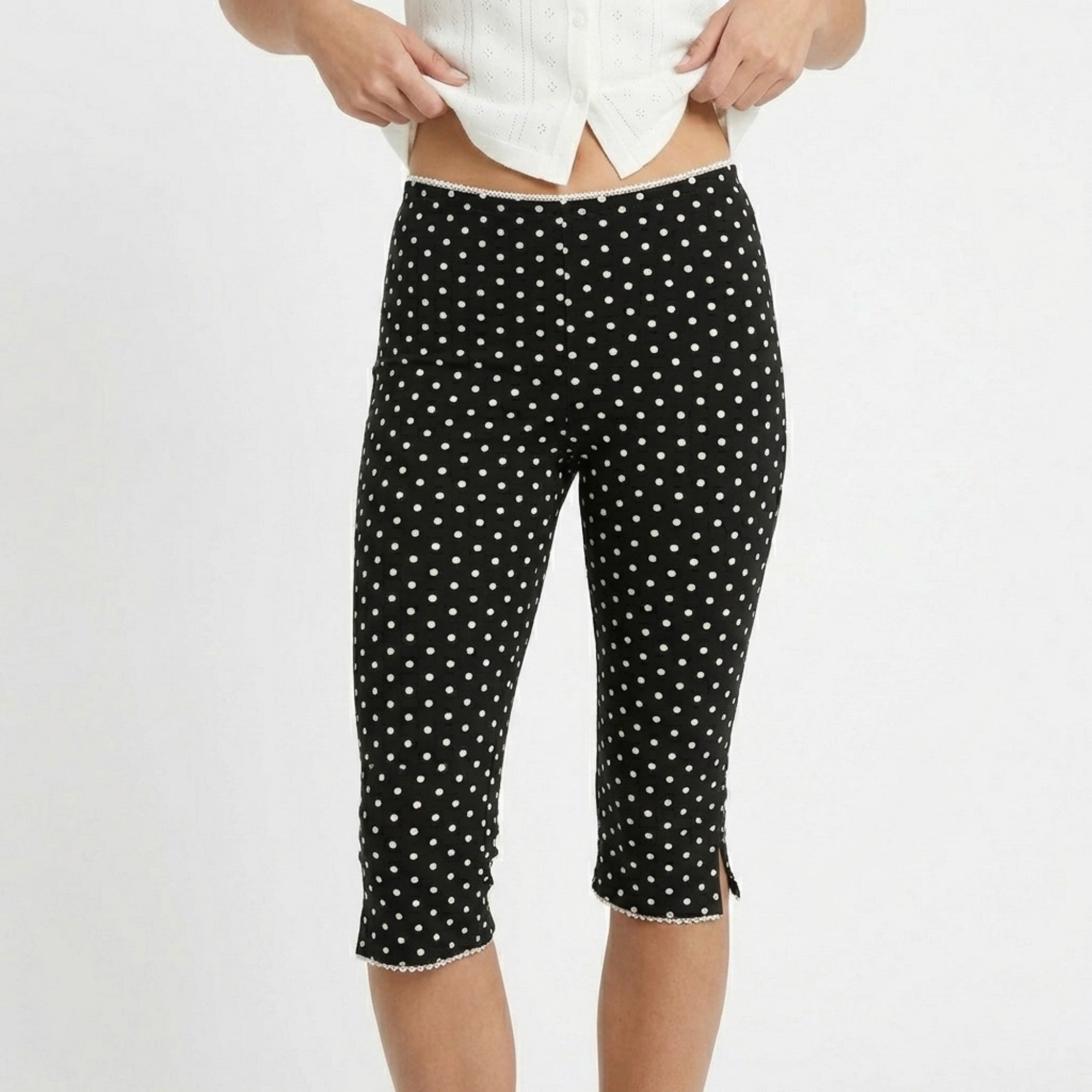 Anna-Kaci Polka Dot Capri Pants Mid Rise Stretch Fit Cropped Length Slim Silhouette
