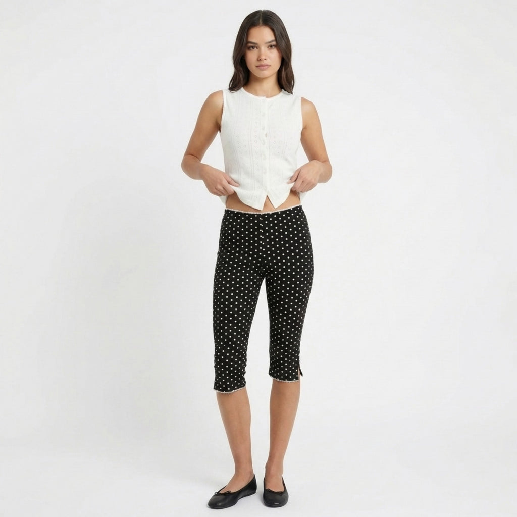 Anna-Kaci Polka Dot Capri Pants Mid Rise Stretch Fit Cropped Length Slim Silhouette