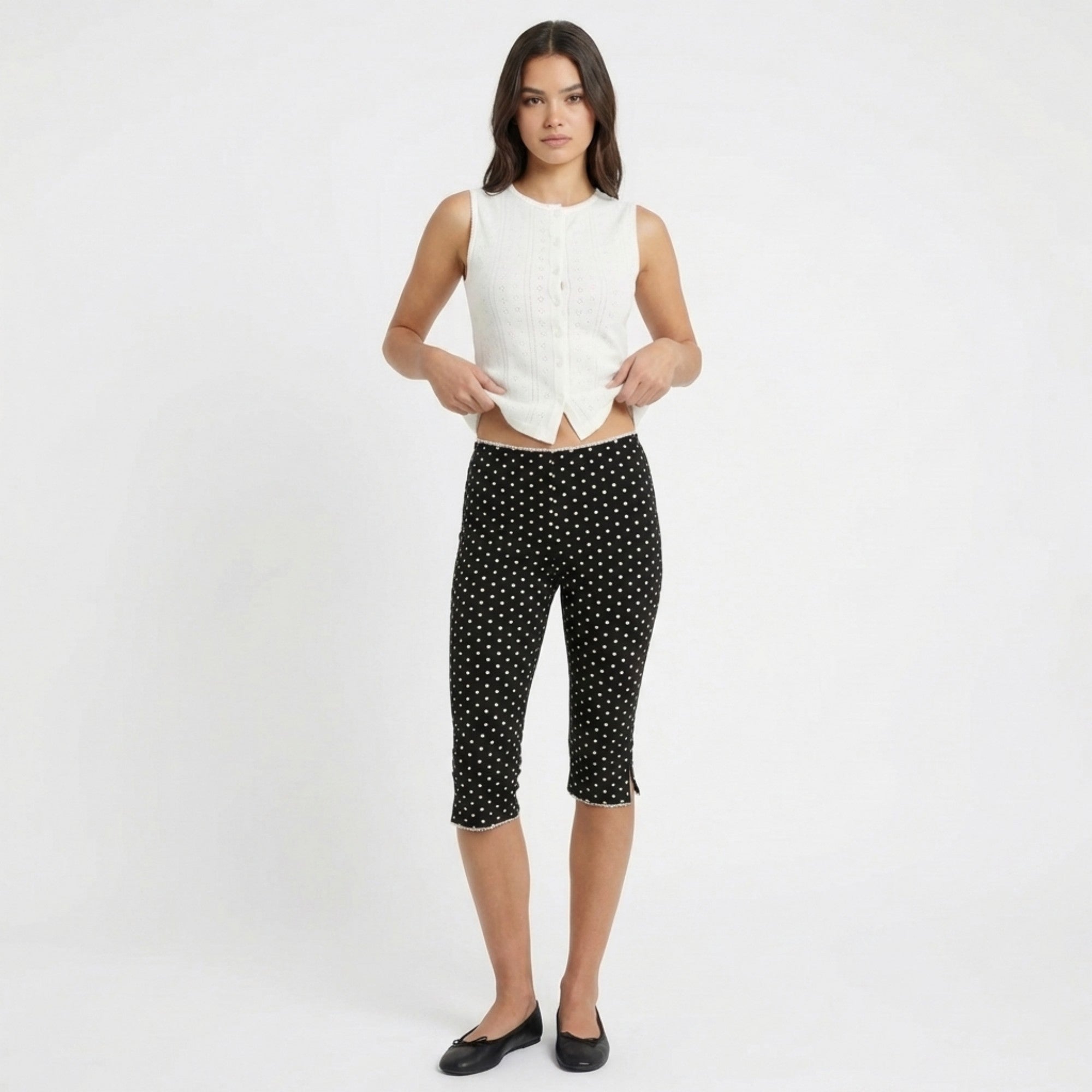 Anna-Kaci Polka Dot Capri Pants Mid Rise Stretch Fit Cropped Length Slim Silhouette