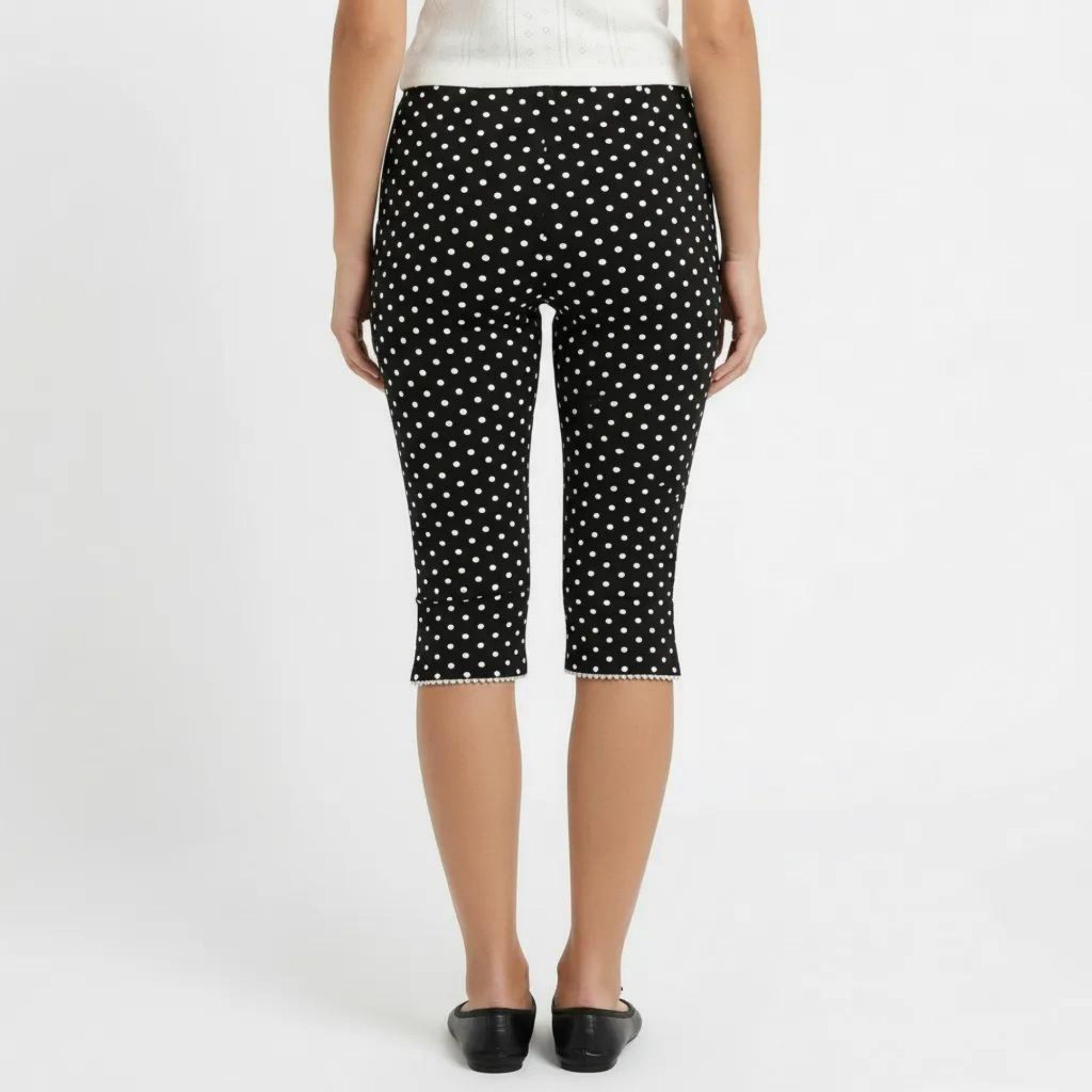 Anna-Kaci Polka Dot Capri Pants Mid Rise Stretch Fit Cropped Length Slim Silhouette